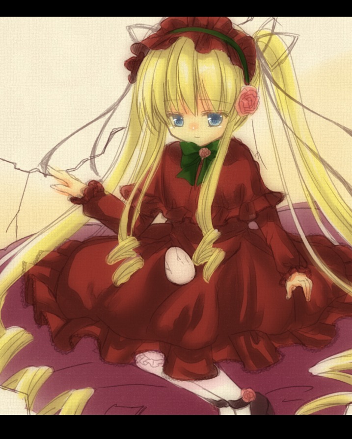 1girl blonde_hair blue_eyes bow bowtie dress drill_hair flower green_bow image letterboxed long_hair long_sleeves looking_at_viewer red_dress rose shinku shoes sitting solo twin_drills twintails very_long_hair