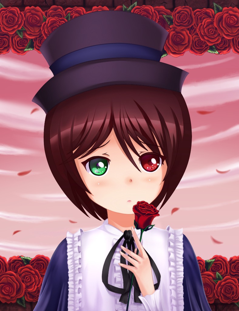 black_flower black_rose blue_rose blush bouquet brown_hair camellia flower green_eyes hat heterochromia holding_flower image orange_flower petals pink_flower pink_rose purple_rose red_eyes red_flower red_rose ribbon rose rose_petals short_hair solo souseiseki spider_lily suiseiseki thorns white_rose yellow_flower yellow_rose