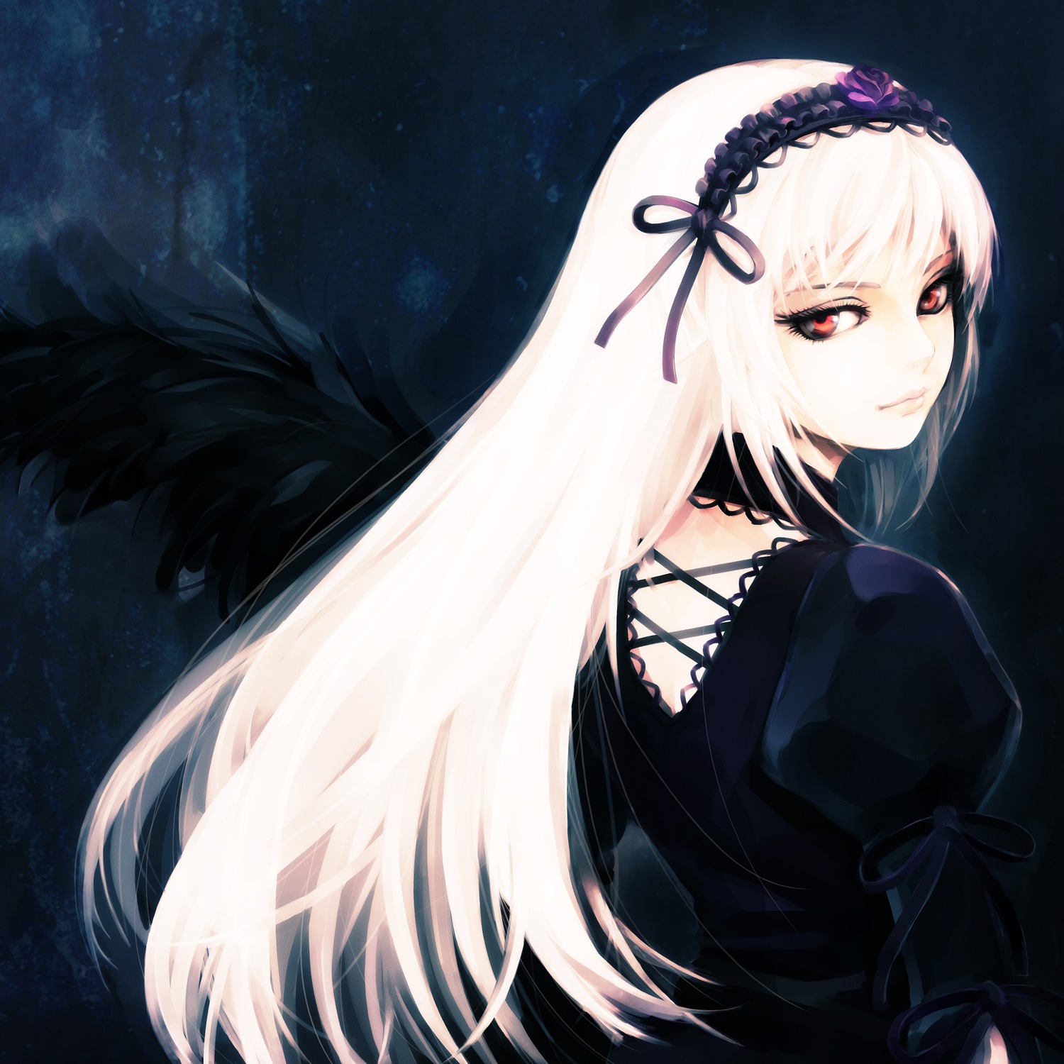1girl absurdres bangs black_dress black_ribbon closed_mouth commentary_request dress feathers gothic_lolita hairband highres hironox image juliet_sleeves lips lolita_fashion lolita_hairband long_hair long_sleeves looking_at_viewer looking_back photoshop_(medium) puffy_sleeves red_eyes ribbon rozen_maiden silver_hair solo suigintou very_long_hair white_hair wings