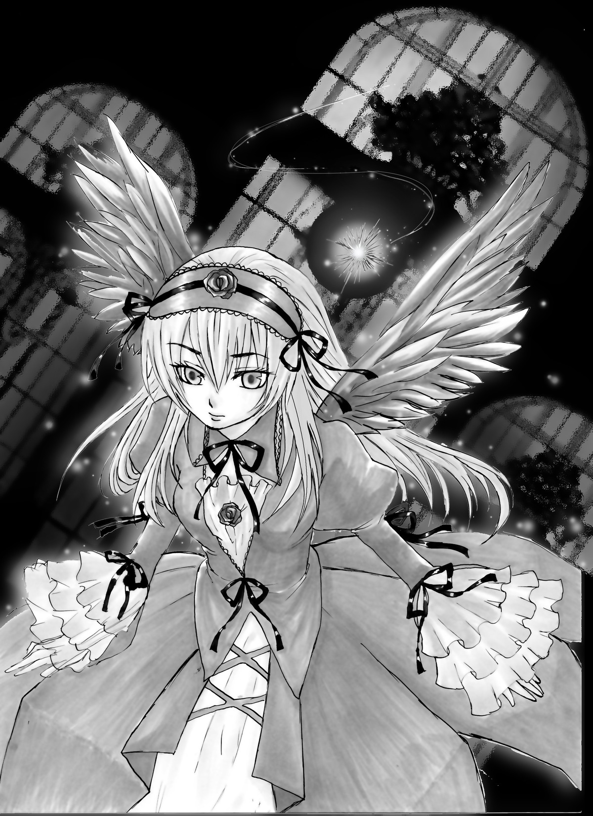 1girl angel_wings dress feathered_wings feathers frills greyscale hairband image long_hair long_sleeves looking_at_viewer monochrome night ribbon sleeves_past_wrists solo suigintou wide_sleeves wings