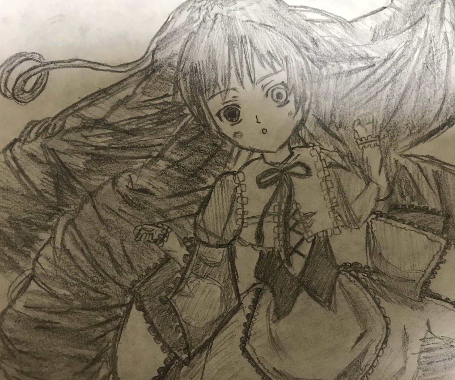 1girl :o dress frills image long_hair long_sleeves looking_at_viewer monochrome solo suiseiseki wings