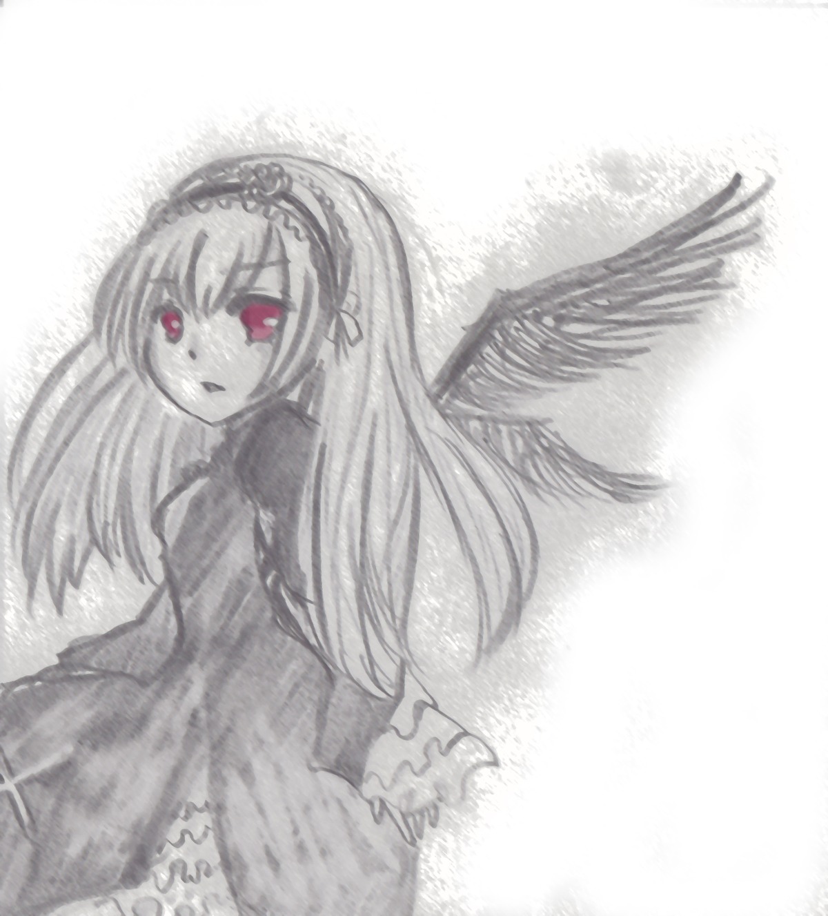 1girl bangs black_wings dress frills hairband image long_hair long_sleeves looking_at_viewer looking_back monochrome red_eyes solo suigintou very_long_hair white_background wings