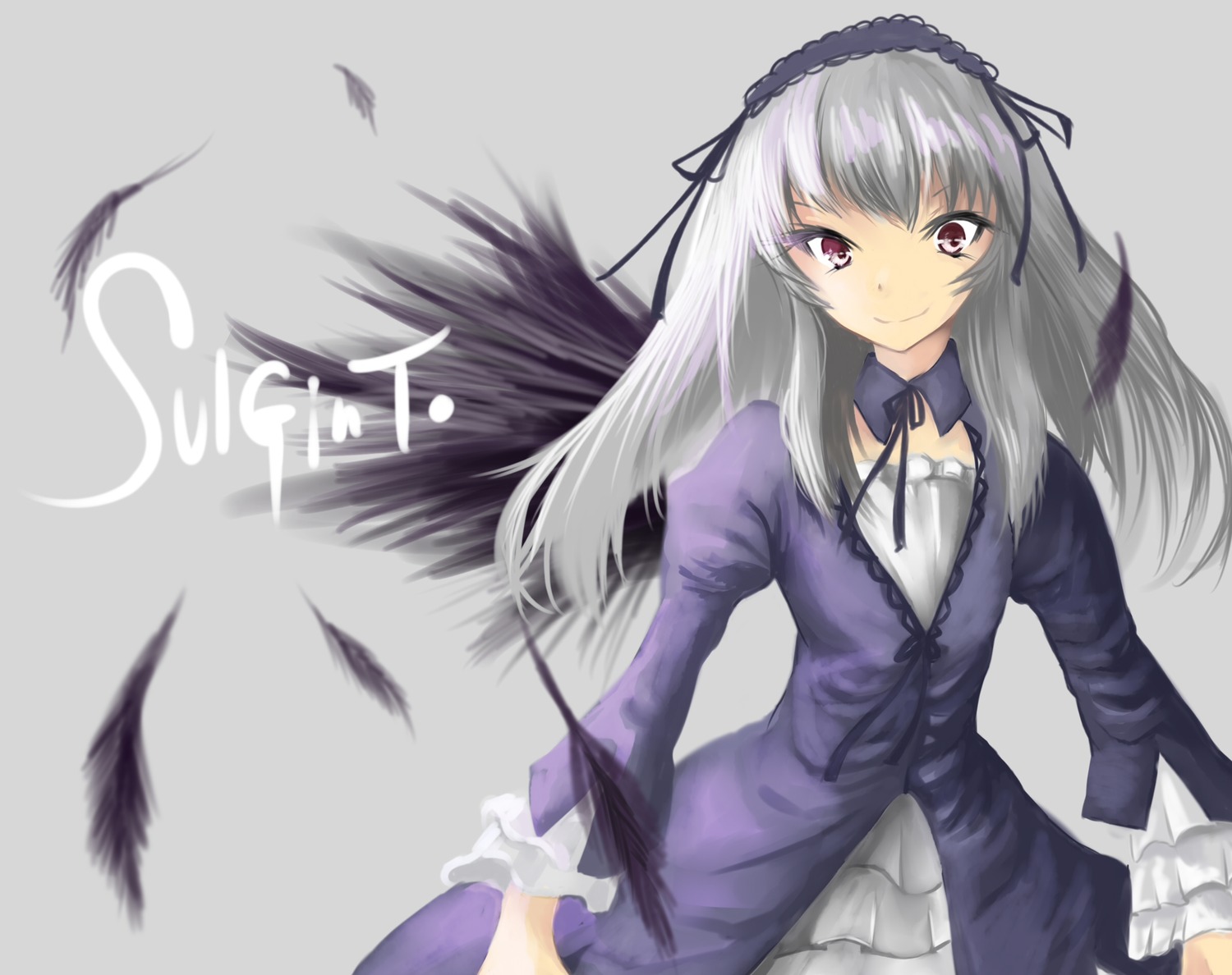 1girl angel_wings black_feathers black_wings detached_collar dress feathered_wings feathers frills hairband image long_hair long_sleeves looking_at_viewer pink_eyes ribbon rose silver_hair simple_background smile solo suigintou wings