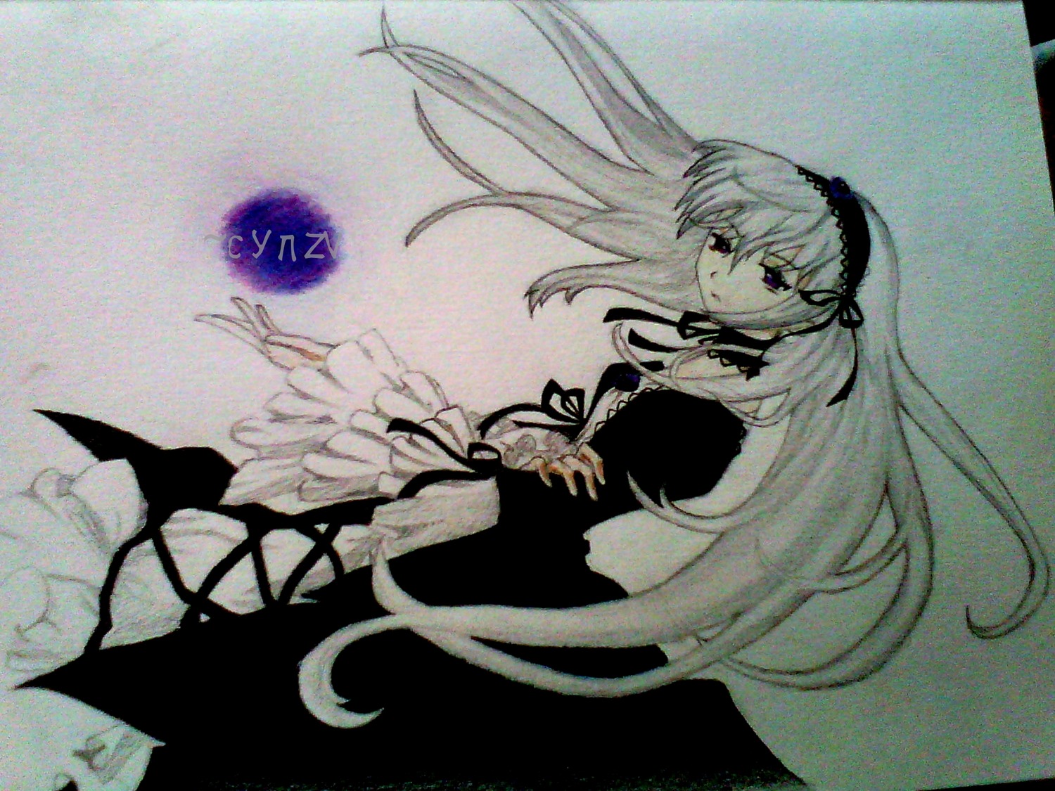 1girl dress frills full_body hairband image long_hair looking_at_viewer monochrome simple_background solo suigintou very_long_hair wings