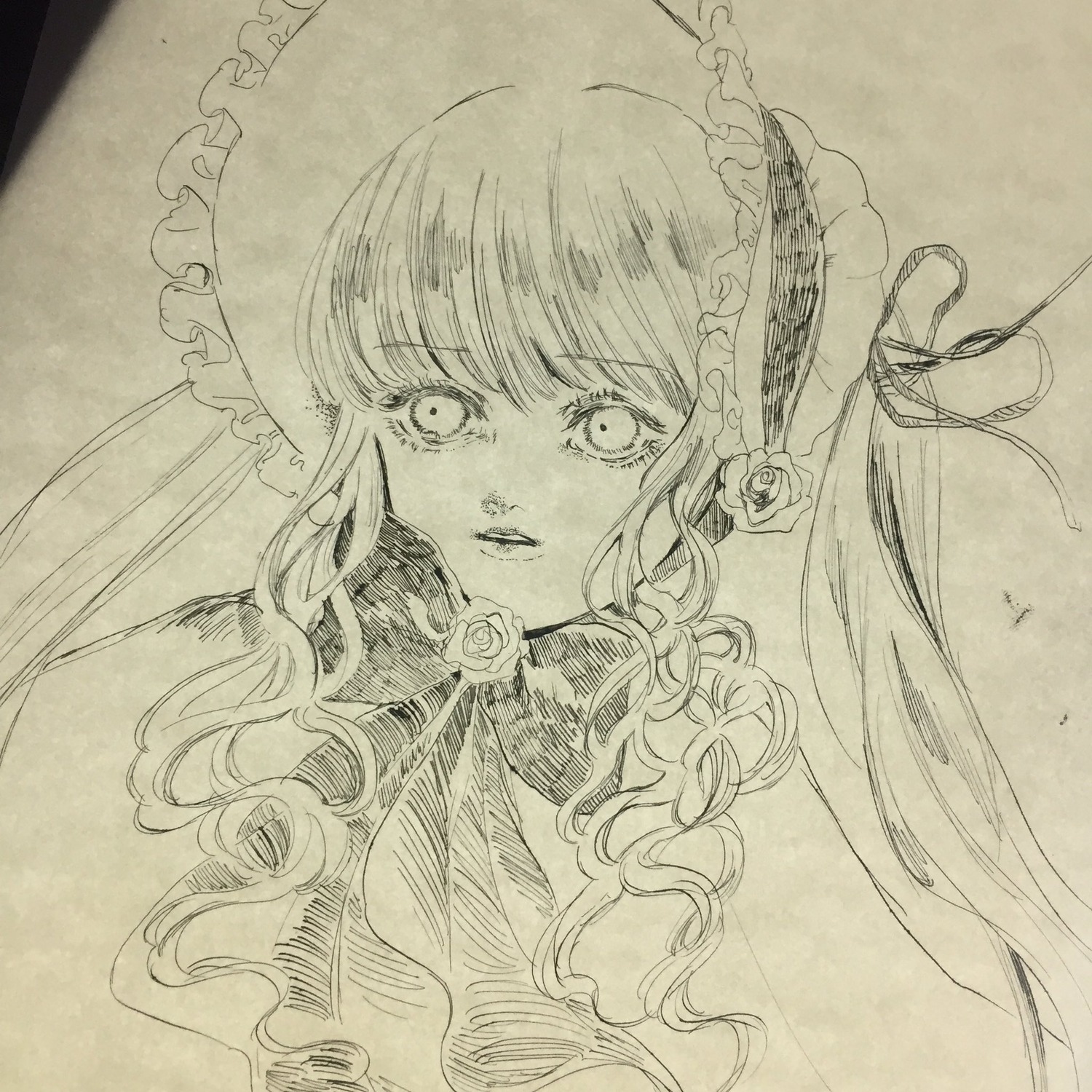 1girl bangs flower frills graphite_(medium) image long_hair looking_at_viewer monochrome photo rose shinku solo tears traditional_media upper_body