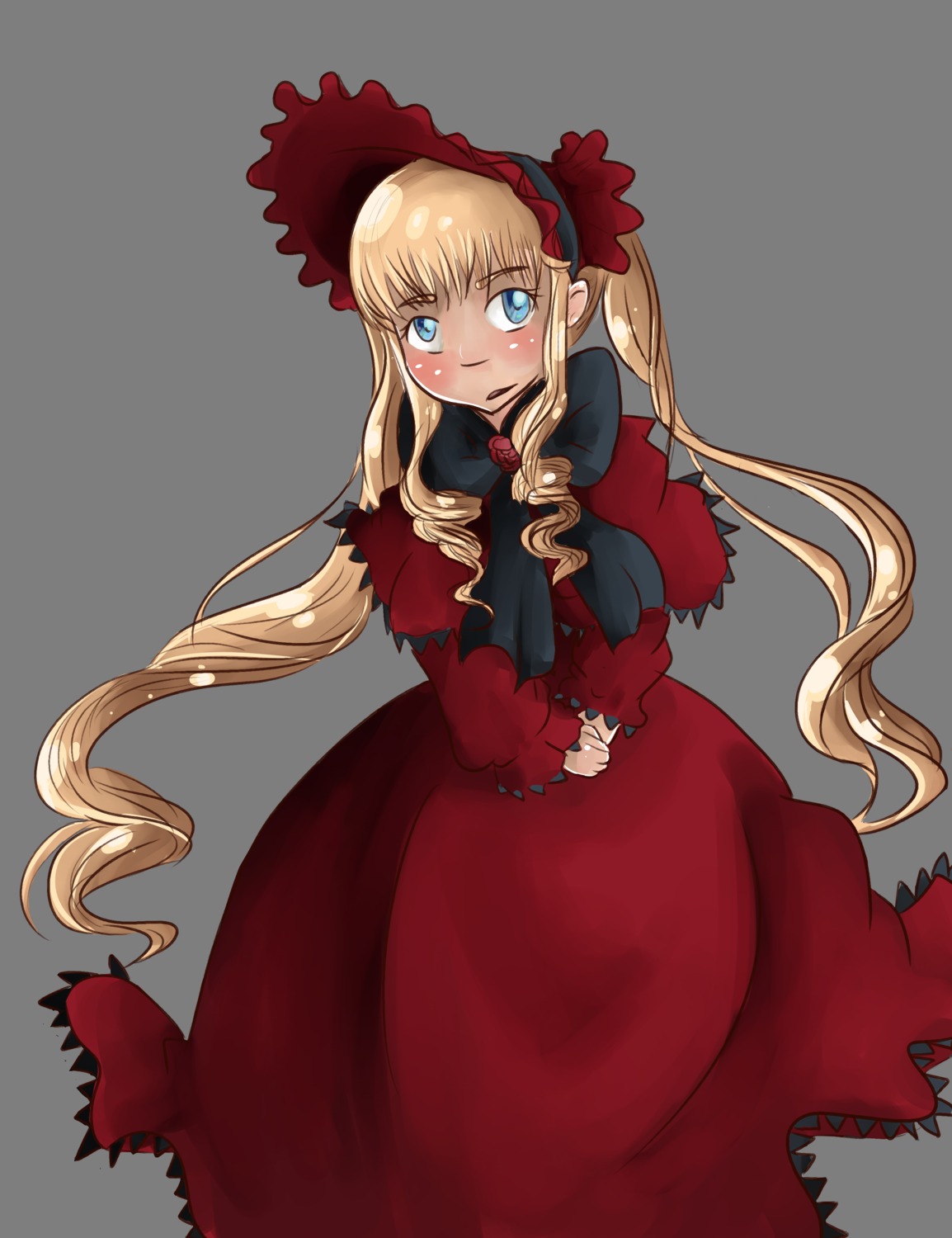 1girl blonde_hair blue_eyes blush bonnet bow dress flower image long_hair long_sleeves looking_at_viewer red_dress shinku solo transparent_background twintails very_long_hair