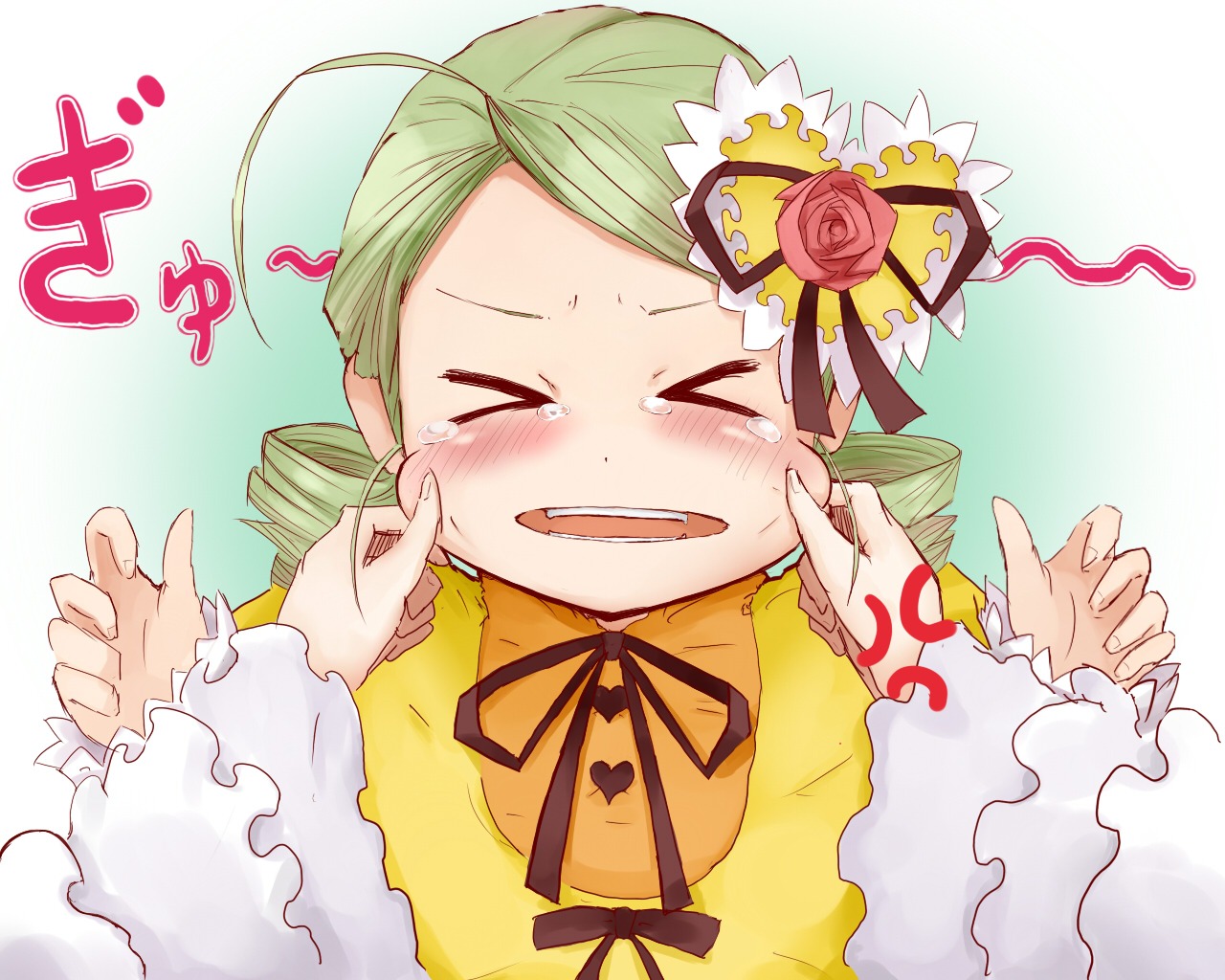 1girl ahoge blush cheek_pinching closed_eyes crying drill_hair flower green_hair hair_ornament image kanaria open_mouth pinching rose solo tears