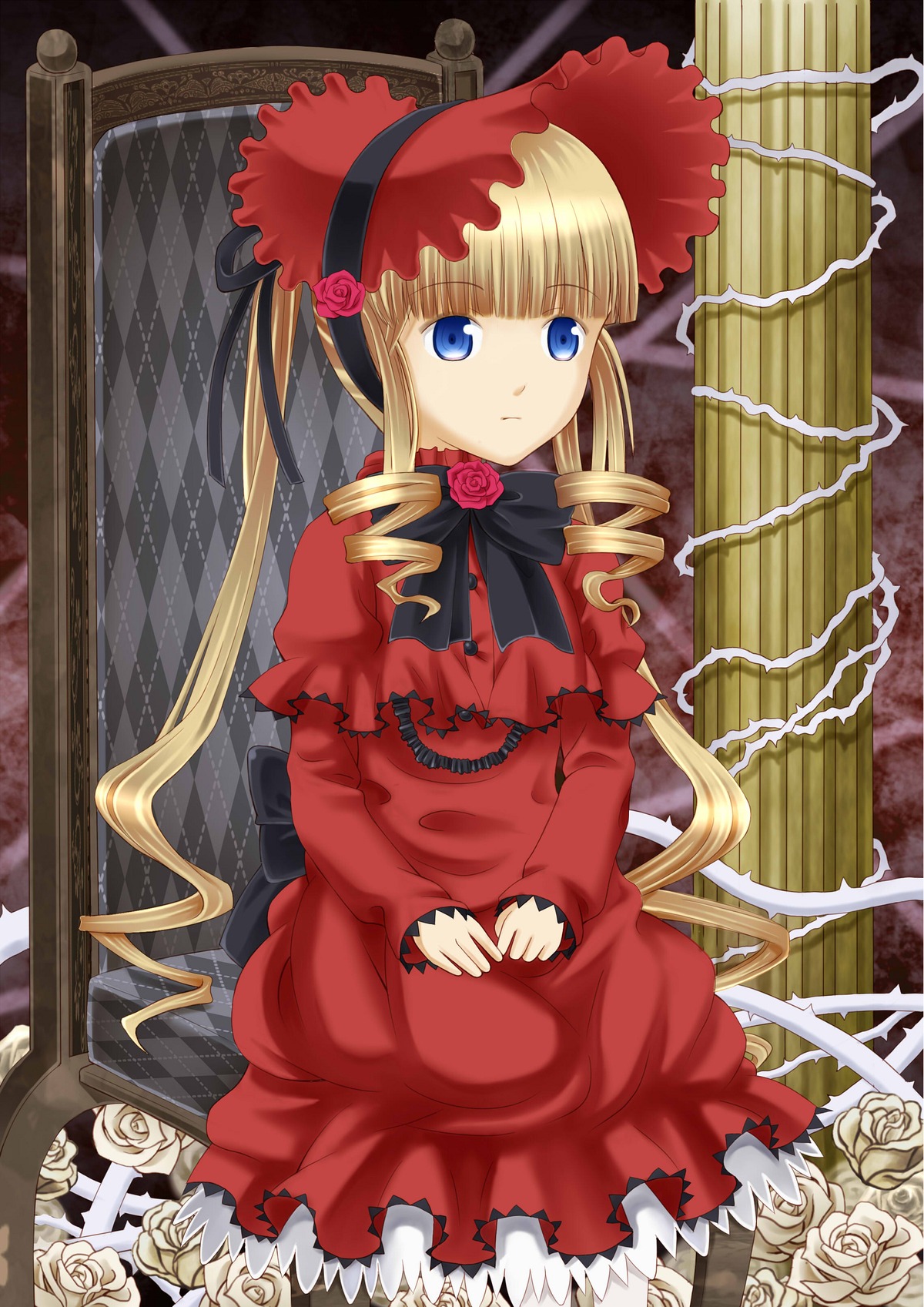 1girl blonde_hair blue_eyes bonnet bow dress drill_hair flower green_bow image long_hair long_sleeves looking_at_viewer red_dress rose shinku sitting solo twintails