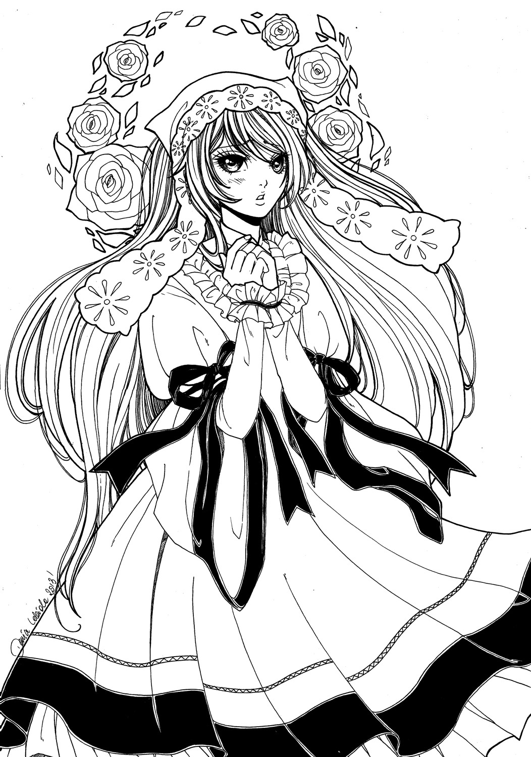 1girl blush dress flower frills greyscale image long_hair long_sleeves monochrome ribbon rose solo suiseiseki thorns very_long_hair