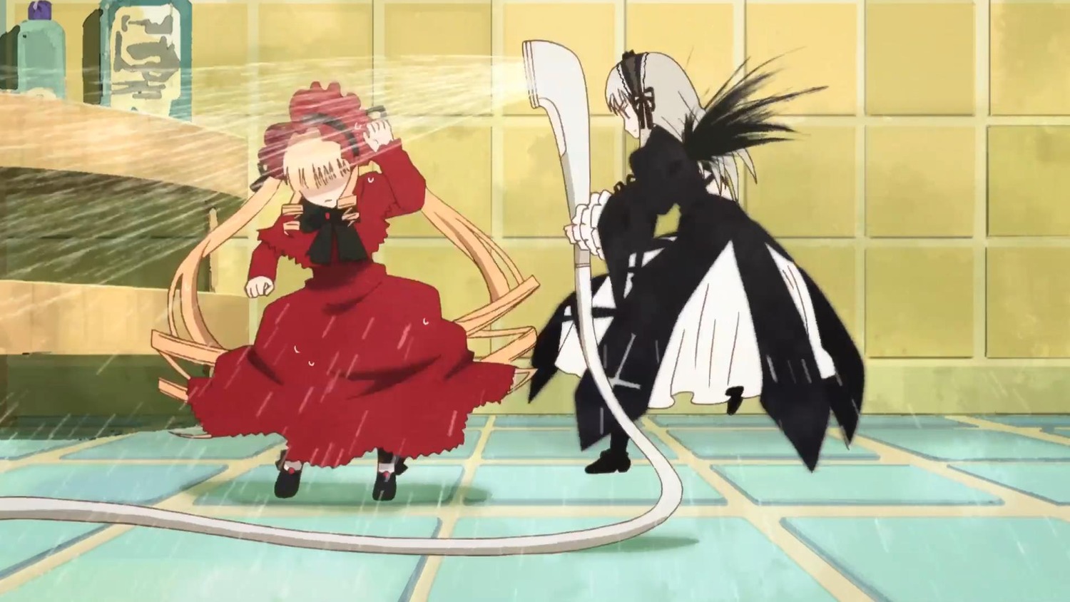 1boy 1girl auto_tagged blonde_hair bonnet dress image long_hair long_sleeves pair shinku standing suigintou very_long_hair