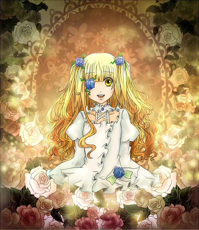 1girl black_flower black_rose blonde_hair blue_flower blue_rose bouquet dress eyepatch flower green_flower image kirakishou long_hair orange_flower pink_flower pink_rose plant purple_rose red_flower red_rose rose rose_petals solo thorns two_side_up vines white_flower white_rose yellow_eyes yellow_flower yellow_rose