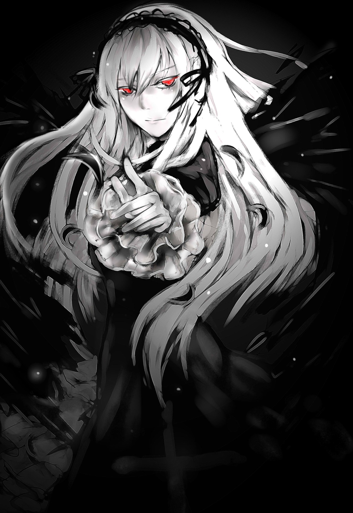 1girl black_dress dress frilled_sleeves frills hairband image long_hair long_sleeves looking_at_viewer red_eyes smile solo suigintou very_long_hair wings