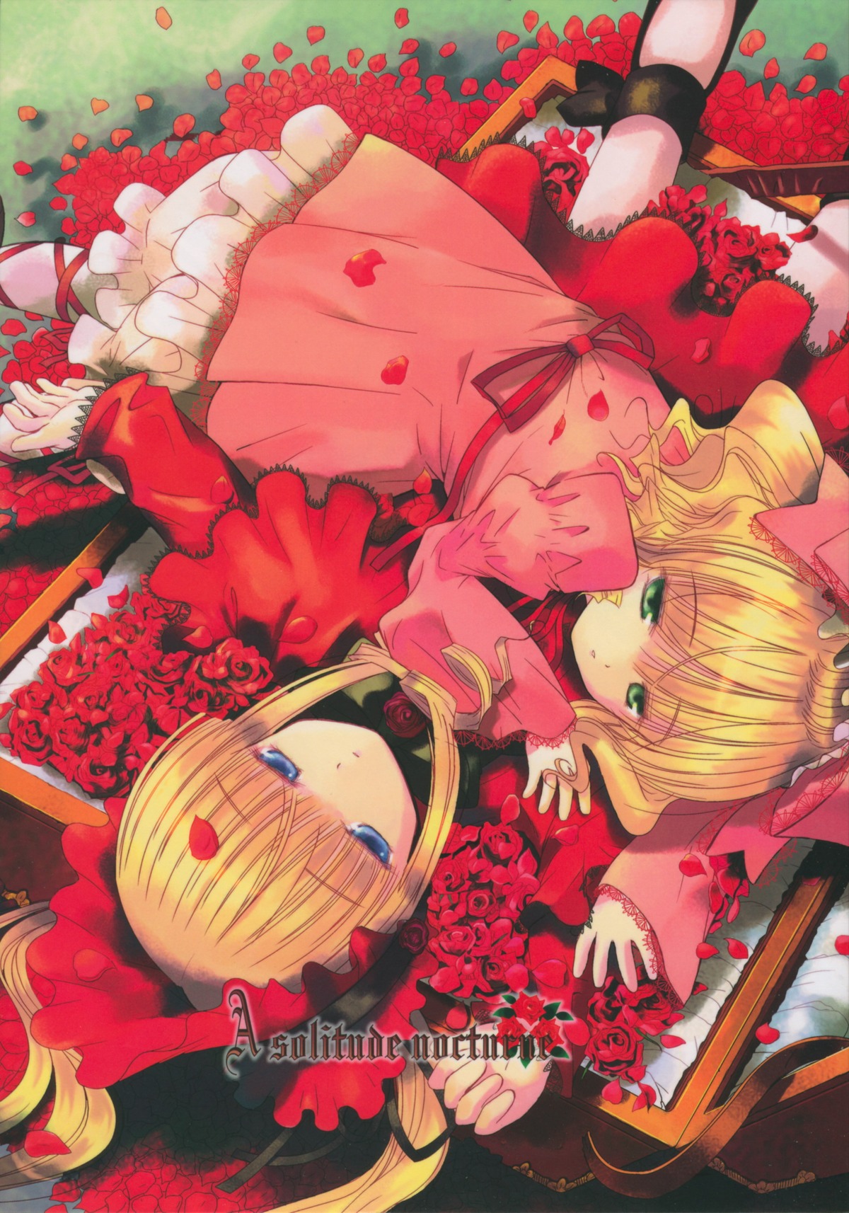 2girls ankle_ribbon barefoot blonde_hair blue_eyes bow dress flower hat hina_ichigo hinaichigo image long_hair lying multiple_girls pair petals pink_bow rose rose_petals shinku