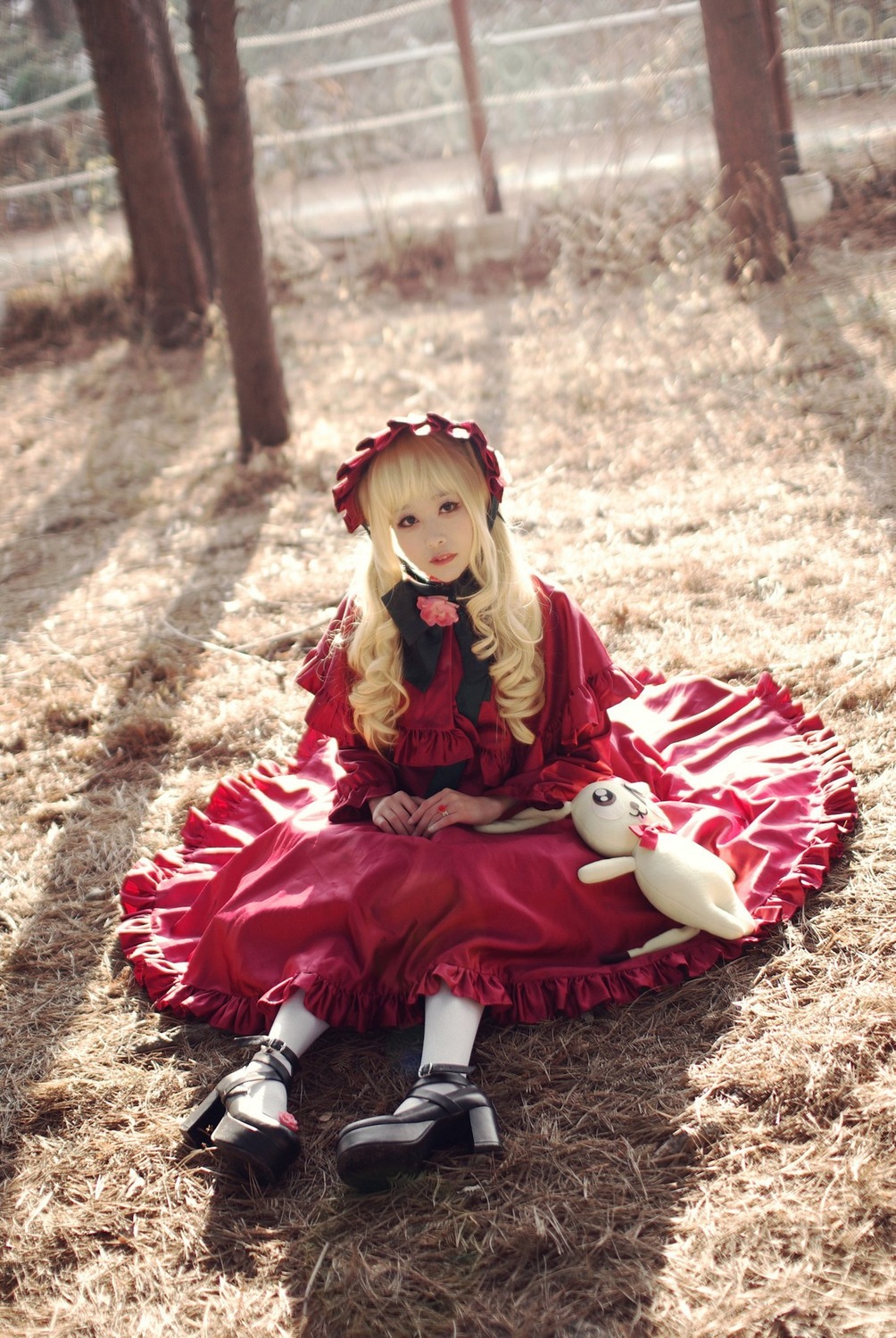 1girl blonde_hair bow dress frills grass long_hair outdoors realistic red_dress shinku shoes sitting solo
