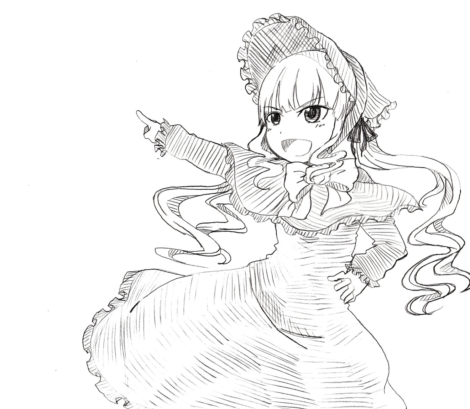 1girl :d bow dress frills image index_finger_raised long_hair long_sleeves looking_at_viewer monochrome open_mouth shinku smile solo white_background