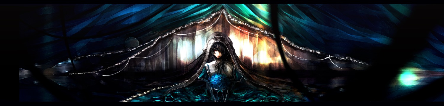 1girl absurdres black_hair brown_hair chain commentary_request dress flower hair_over_one_eye highres image iori_yakatabako letterboxed long_hair photoshop_(medium) red_eyes rozen_maiden solo suiseiseki very_long_hair wide_image