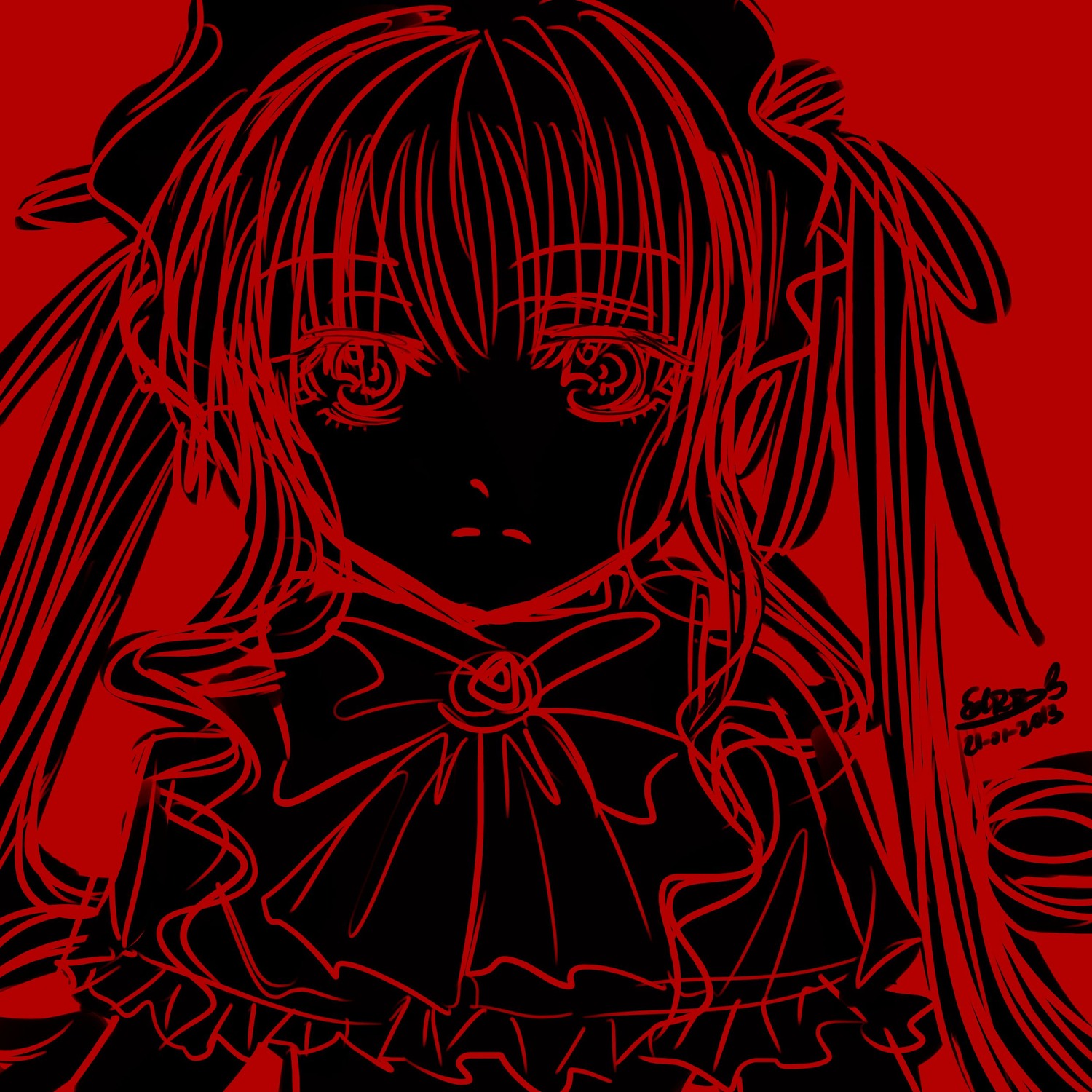 1girl bow image long_hair monochrome red_background red_theme ribbon shinku simple_background solo