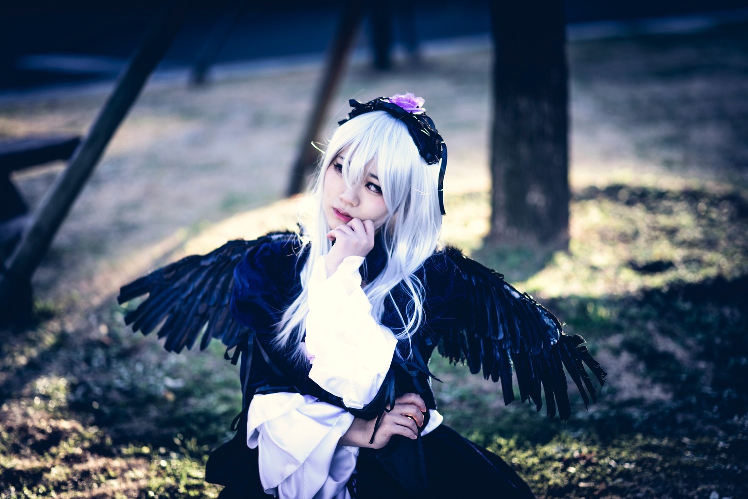 1girl bangs blurry blurry_background blurry_foreground depth_of_field dress long_hair looking_at_viewer outdoors solo suigintou upper_body wings
