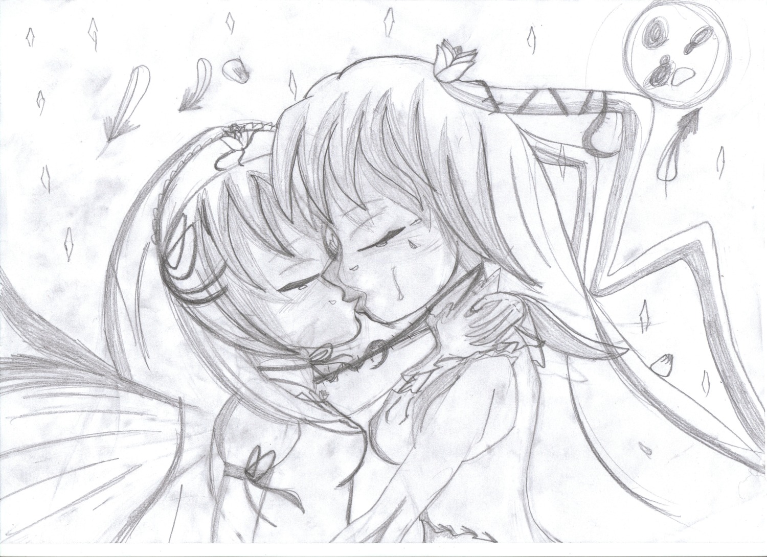 2girls akemi_homura barasuishou greyscale image kiss long_hair monochrome multiple_girls pair ribbon suigintou tears traditional_media wings yuri