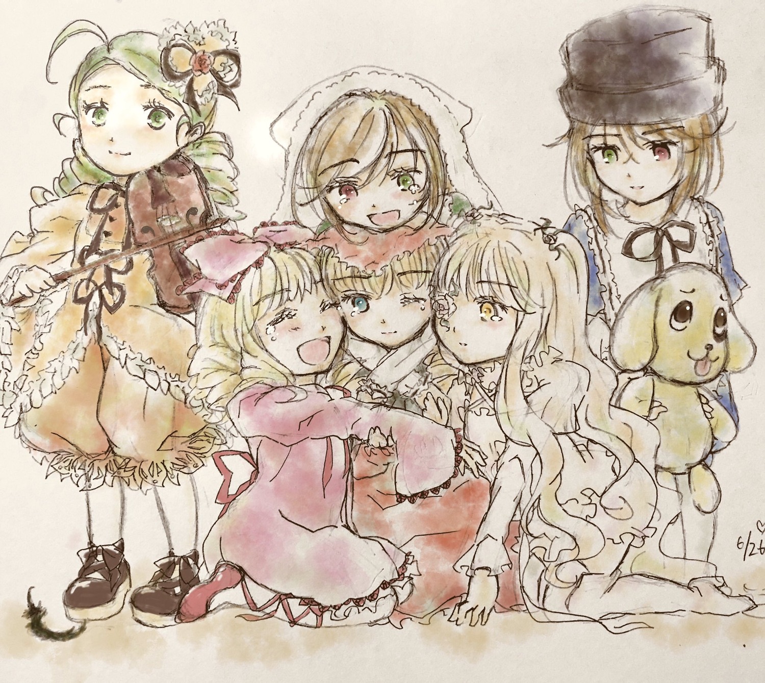 6+girls blonde_hair blue_eyes bow brown_hair dress green_eyes hair_ornament hat head_scarf heterochromia hina_ichigo image kanaria long_hair long_sleeves multiple multiple_girls open_mouth red_eyes shinku siblings sisters smile souseiseki suigintou suiseiseki tagme traditional_media twins