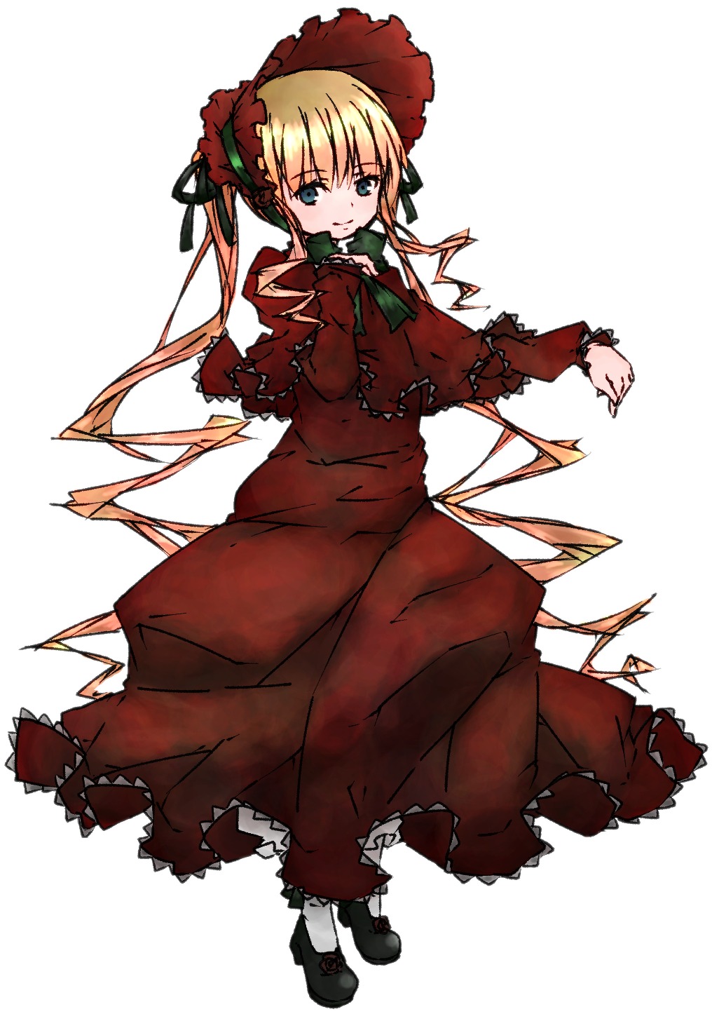 1girl blonde_hair blue_eyes bonnet bow bowtie dress flower frills full_body green_bow image long_hair long_sleeves looking_at_viewer red_dress shinku shoes simple_background solo standing twintails white_background