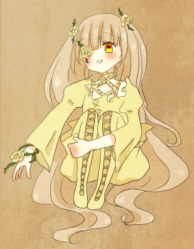 1girl blush brown_background dress flower image kirakishou long_hair long_sleeves plant rose smile solo thorns very_long_hair vines wide_sleeves yellow_dress yellow_eyes