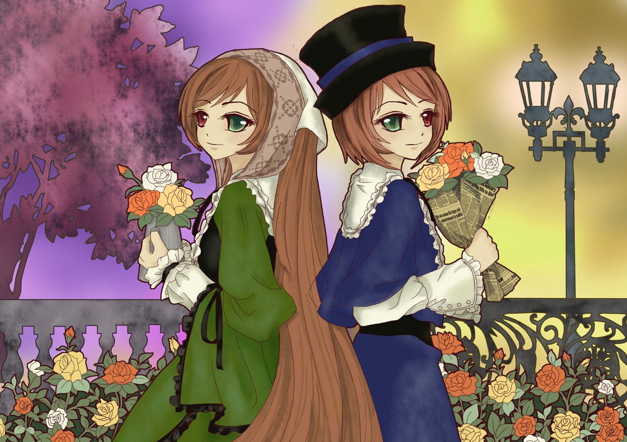 2girls back-to-back bouquet brown_hair dress flower green_dress green_eyes hat heterochromia image long_hair long_sleeves looking_at_viewer multiple_girls pair red_eyes rose short_hair siblings sisters smile souseiseki suiseiseki top_hat twins watering_can yellow_flower yellow_rose