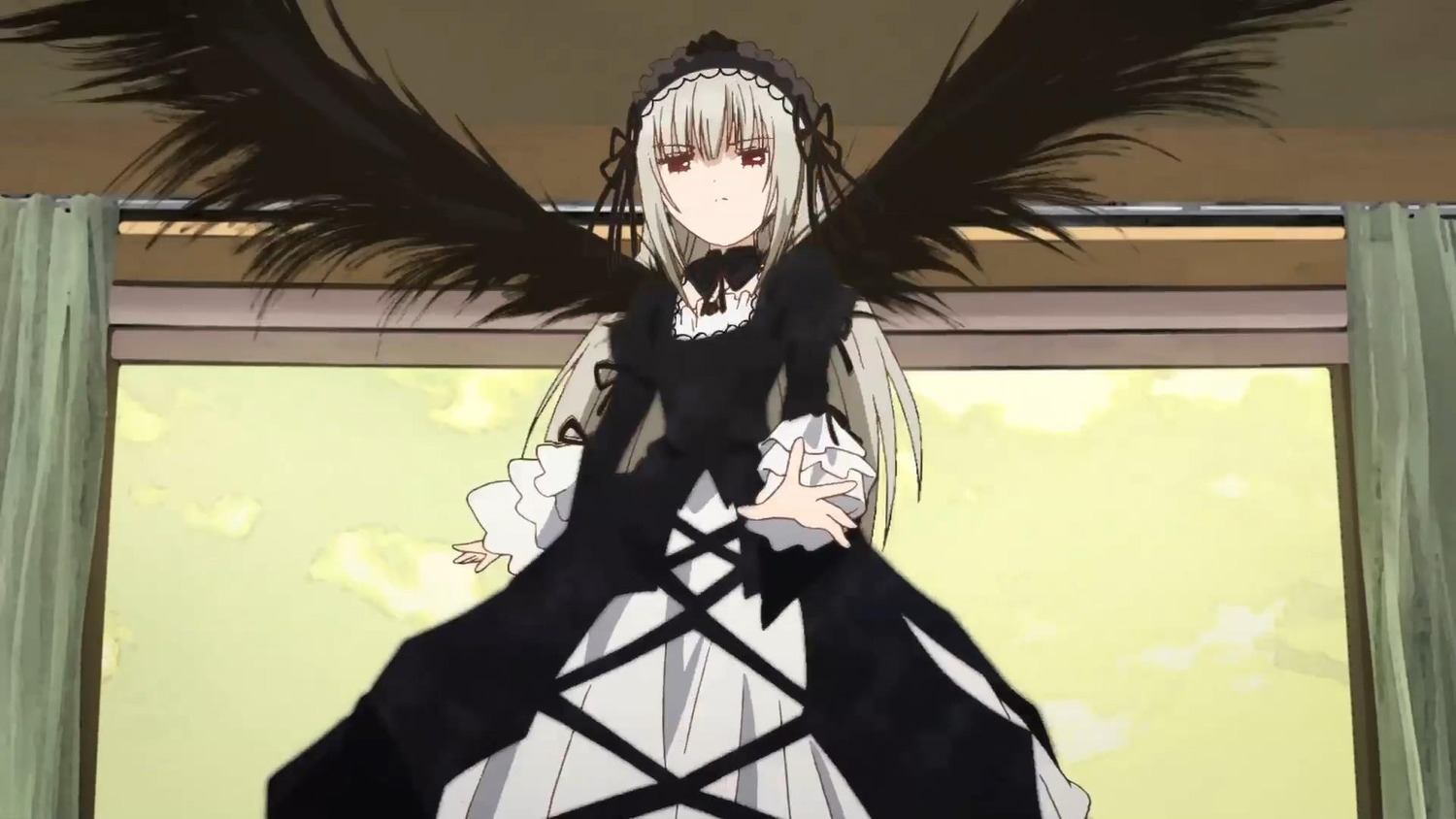 1girl bangs black_dress black_ribbon black_wings dress expressionless flower frills hairband image juliet_sleeves long_hair long_sleeves looking_at_viewer ribbon rose silver_hair solo suigintou window wings