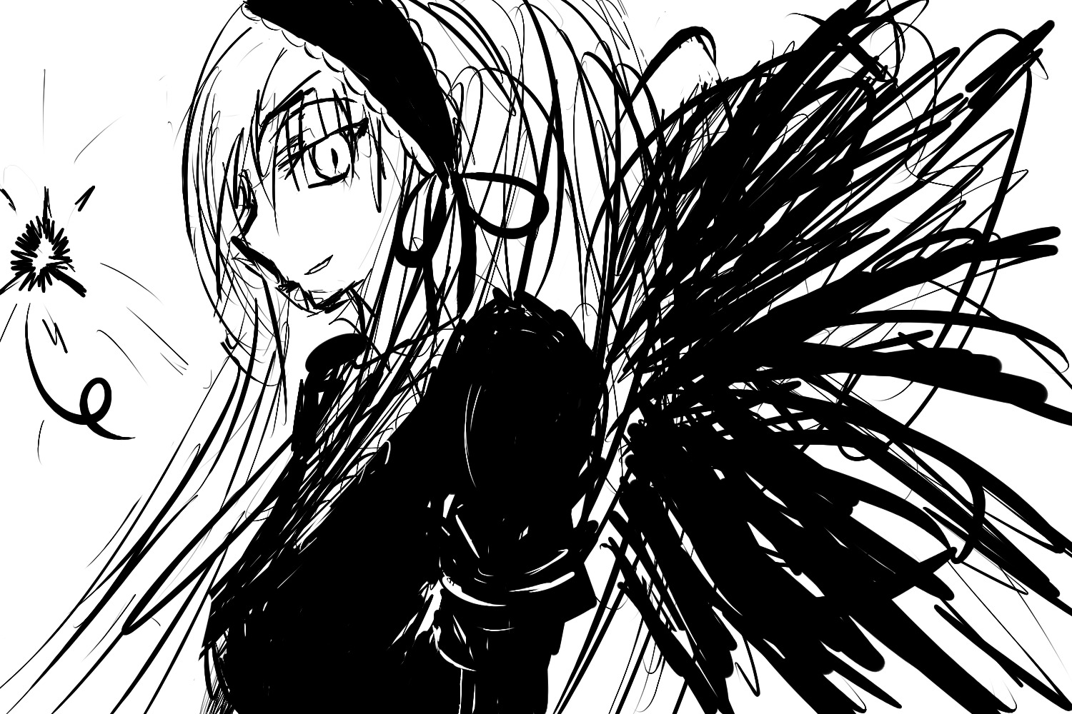 1girl auto_tagged black_wings dress feathered_wings feathers greyscale hairband image lolita_hairband long_hair long_sleeves looking_at_viewer monochrome possible_duplicate simple_background smile solo suigintou upper_body white_background wings