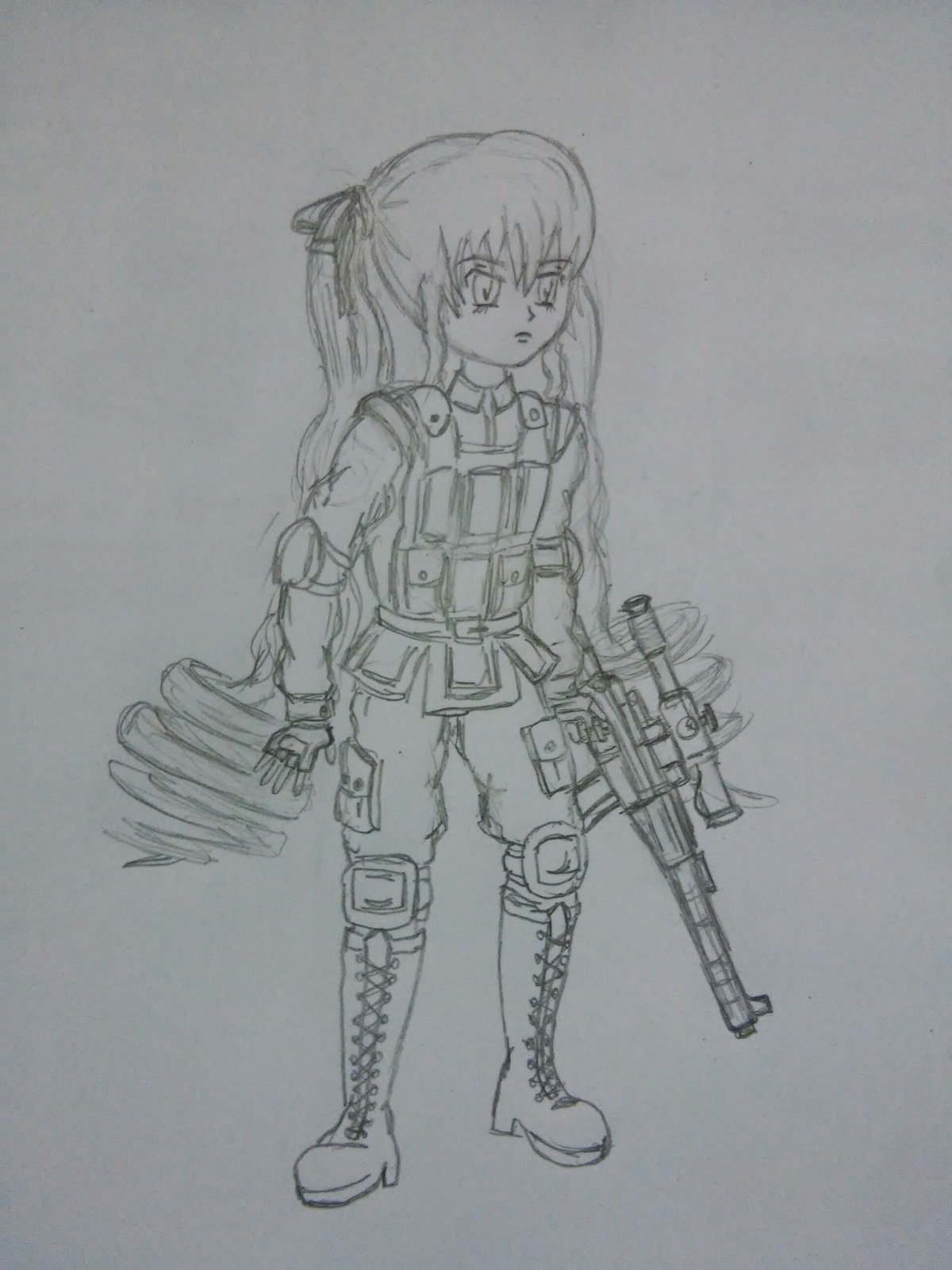 1girl boots fingerless_gloves full_body gloves greyscale gun hair_ribbon image long_hair military military_uniform monochrome ribbon rifle shinku sketch solo standing traditional_media twintails uniform weapon