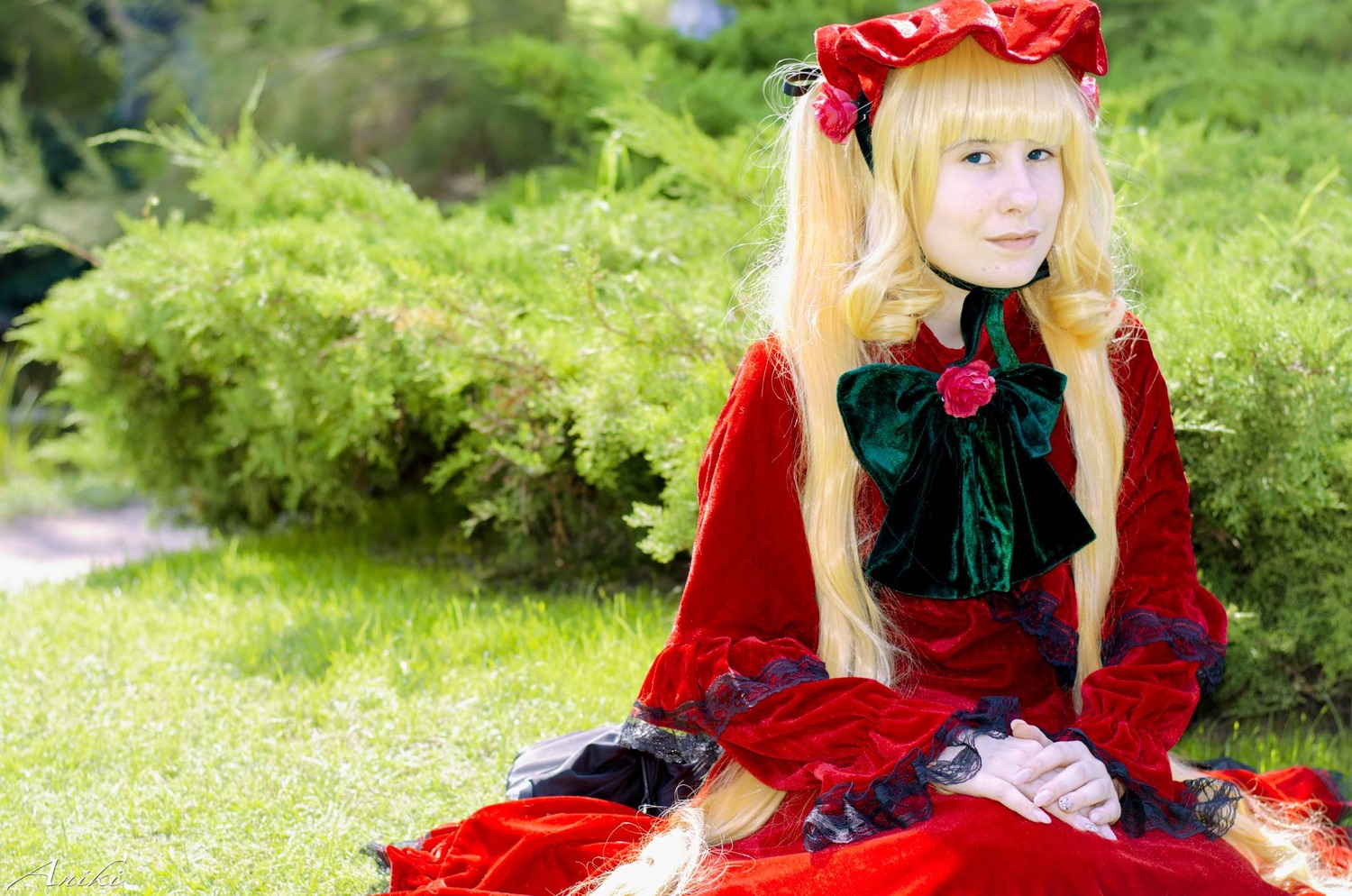 1girl blonde_hair blue_eyes bow bowtie dress flower lips long_hair realistic red_dress rose shinku solo