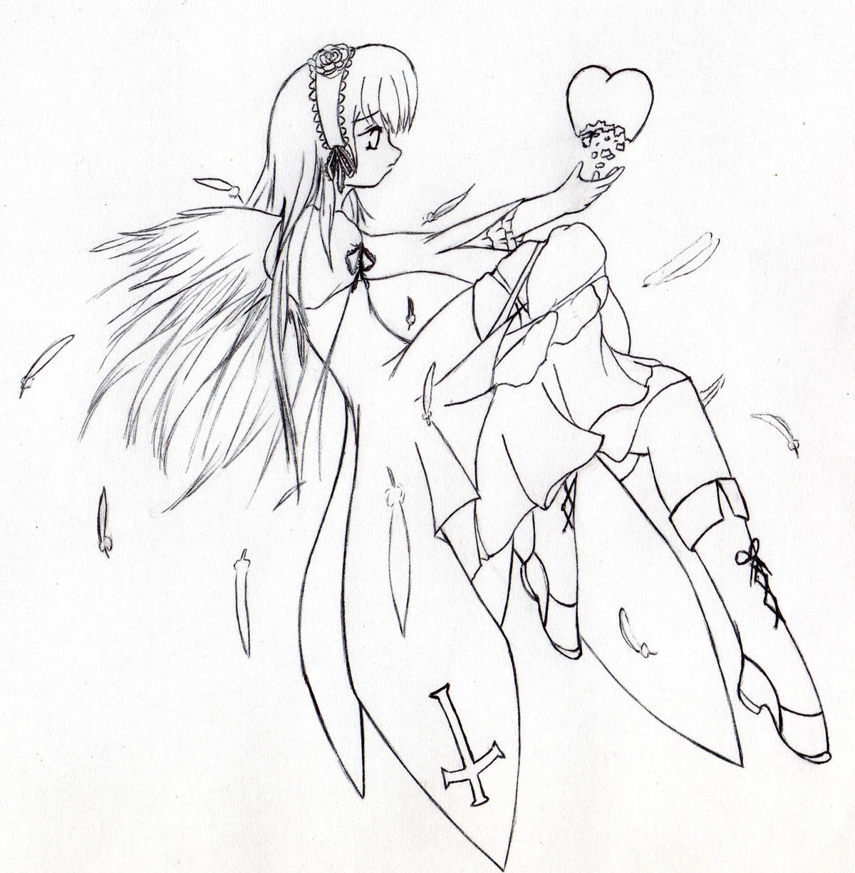 1girl angel_wings boots dress feathered_wings feathers flower greyscale heart image long_hair long_sleeves monochrome solo suigintou wings