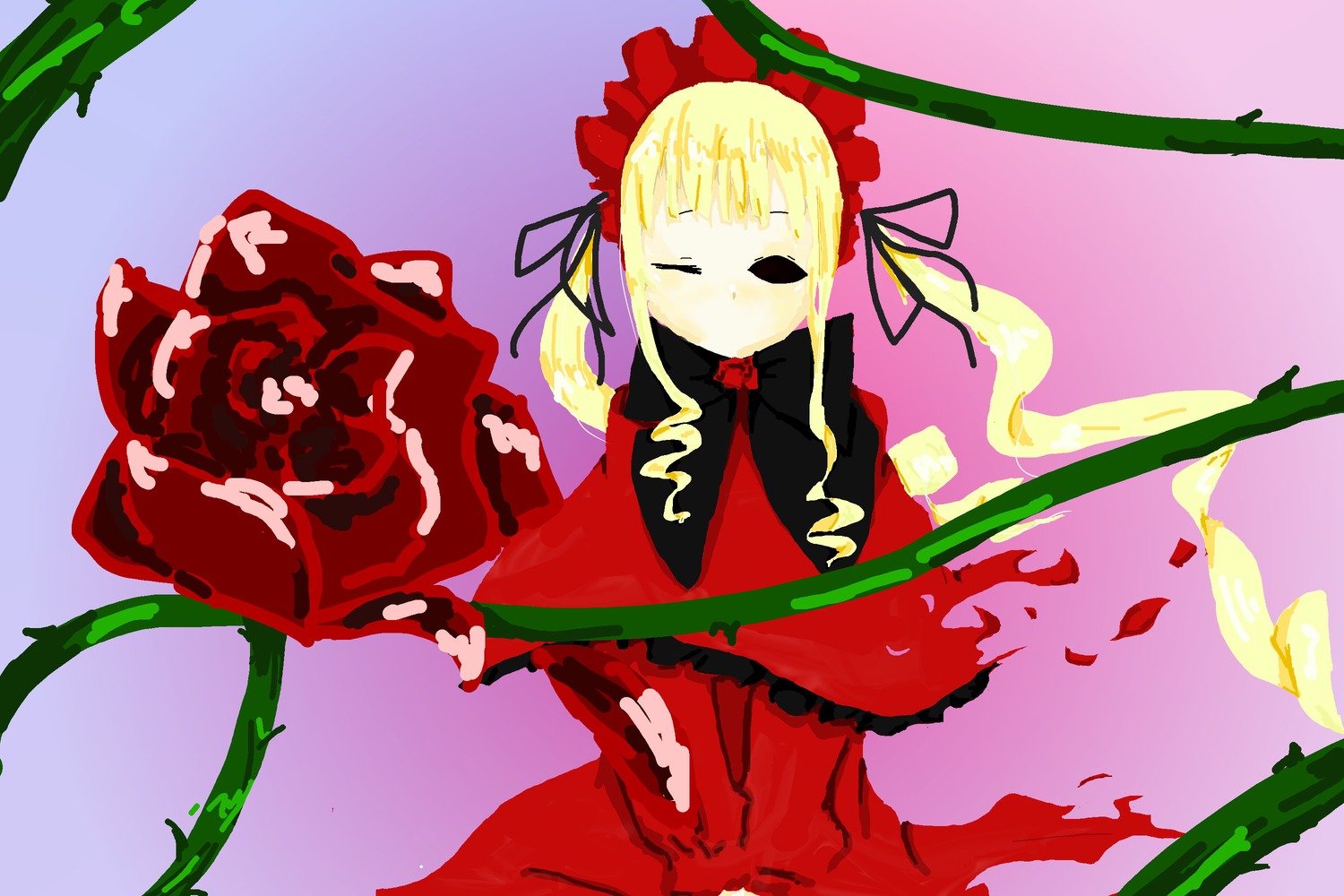 1girl blonde_hair bow dress flower image long_hair long_sleeves rose shinku solo torn_clothes twintails