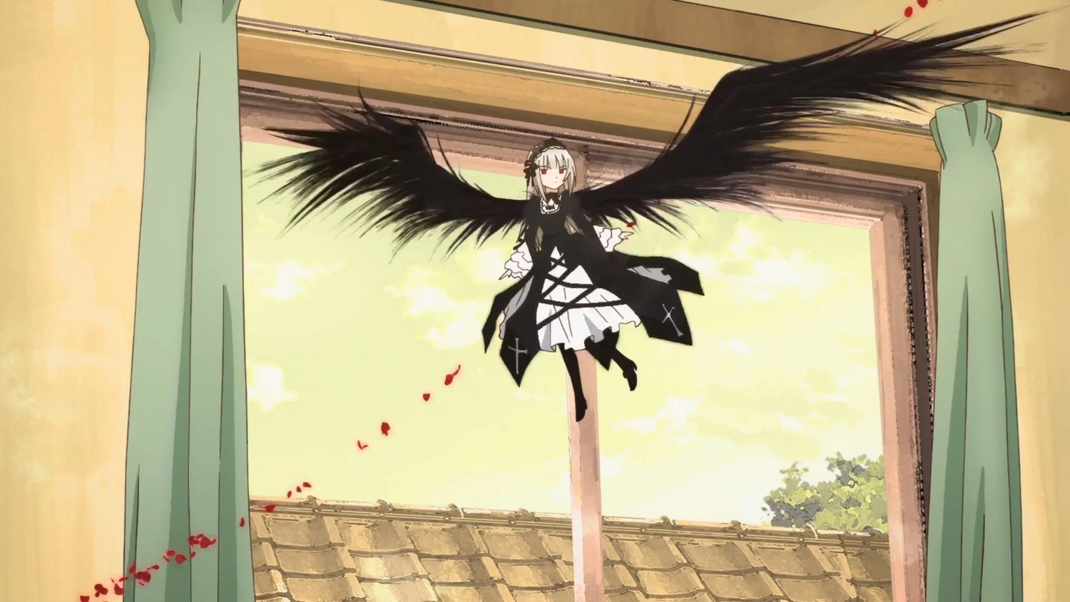 1girl black_dress black_wings curtains dress feathered_wings image long_sleeves solo standing suigintou window wings