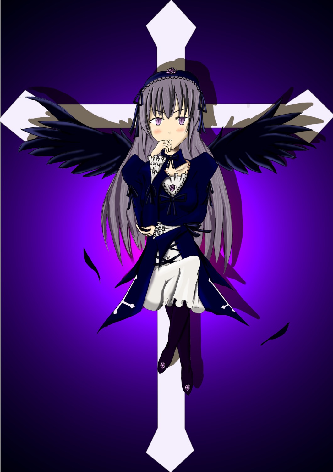 1girl black_wings dress flower hairband hand_to_own_mouth image long_hair long_sleeves looking_at_viewer purple_background purple_eyes silver_hair sitting solo suigintou wings
