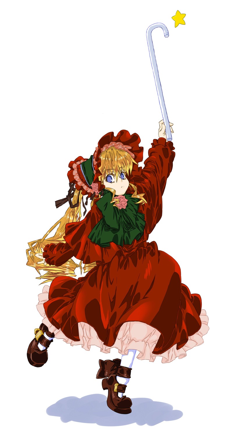 1girl blonde_hair blue_eyes bonnet bow bowtie dress flower frills full_body green_bow image long_hair long_sleeves red_dress shinku shoes solo standing striped white_background