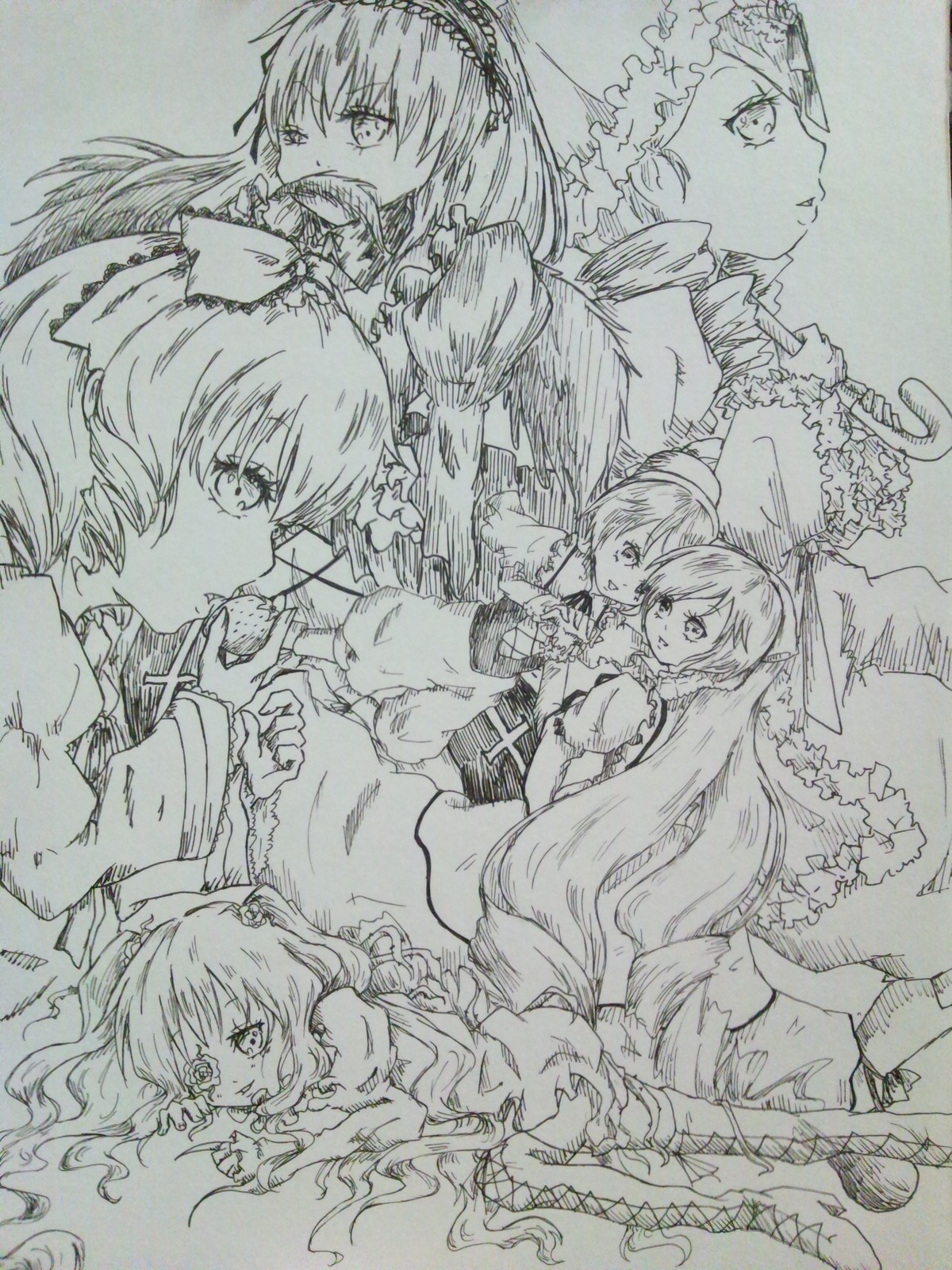 6+girls alice_margatroid bow detached_sleeves hair_bow hair_ornament hair_tubes hakurei_reimu hat image long_hair monochrome multiple multiple_girls smile tagme traditional_media