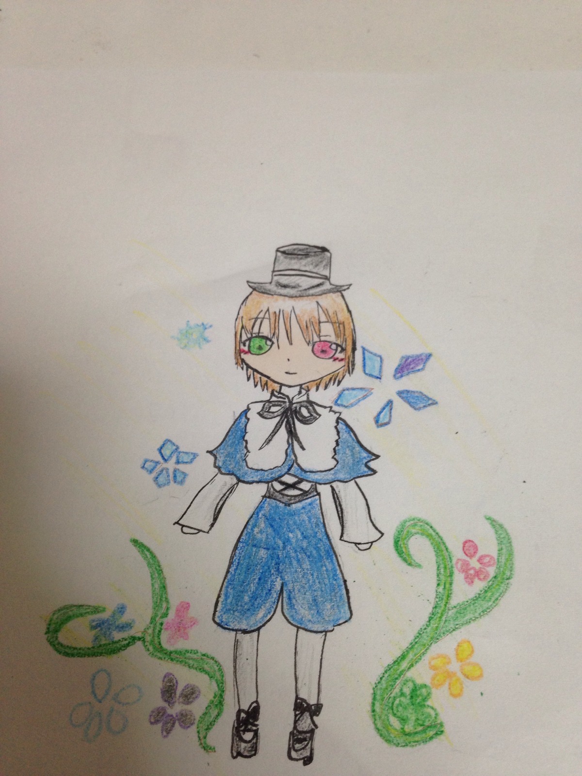 blonde_hair capelet dress flower full_body green_eyes hat heterochromia image looking_at_viewer red_eyes short_hair smile solo souseiseki standing traditional_media watercolor_(medium)