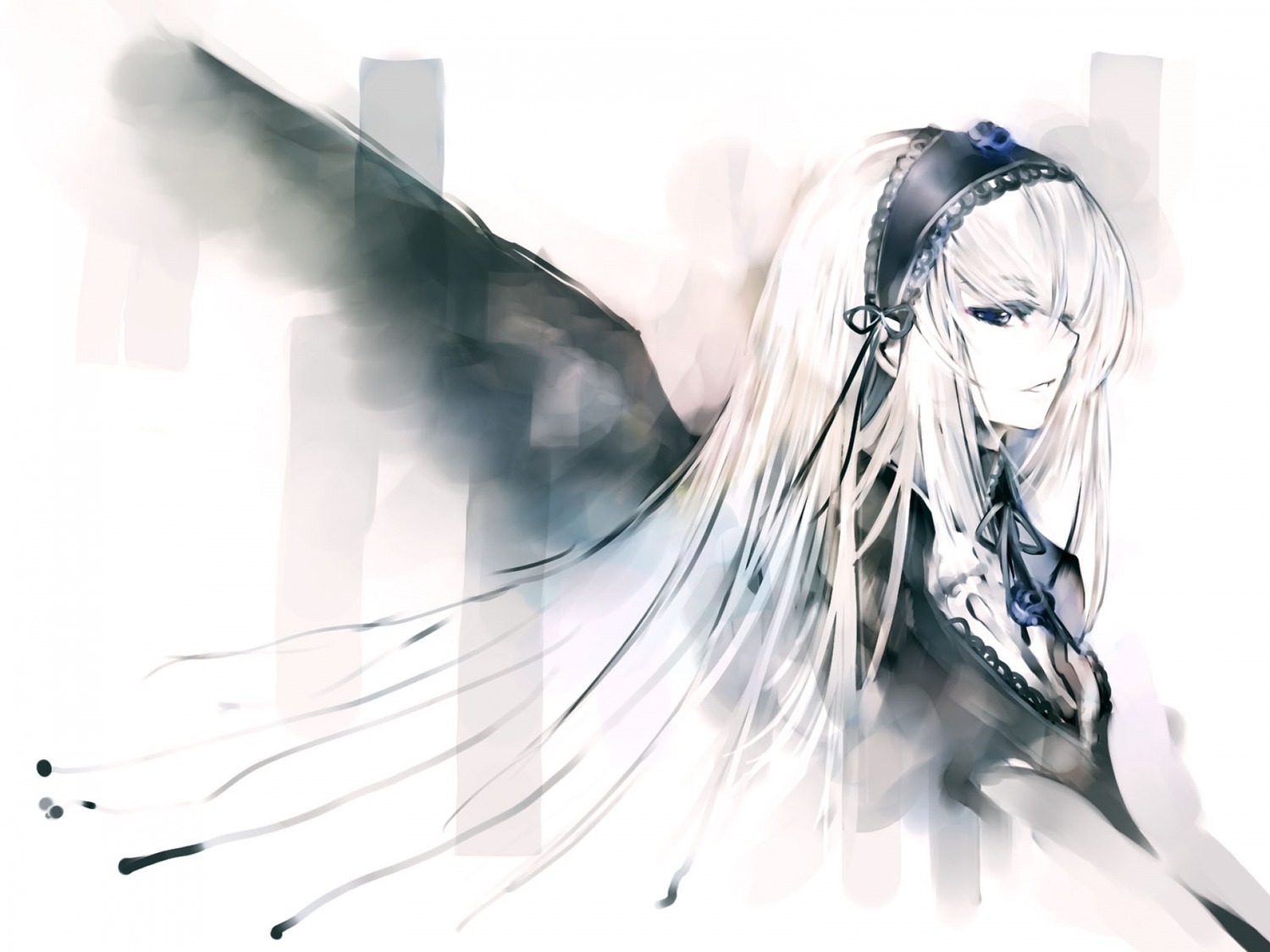 1girl bangs bat_wings black_dress black_ribbon blue_eyes closed_mouth colored_skin dress feathered_wings feathers flower frills from_side hairband highres image kei_(keigarou) lace lace-trimmed_dress lace_trim long_hair long_sleeves photoshop_(medium) ribbon rose rozen_maiden silver_hair smile solo suigintou upper_body very_long_hair white_background white_hair white_skin wings