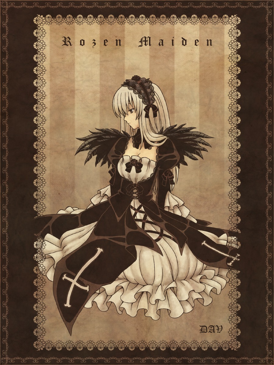 1girl breasts cleavage dress flower frills hairband image long_hair long_sleeves puffy_sleeves ribbon rose silver_hair solo suigintou