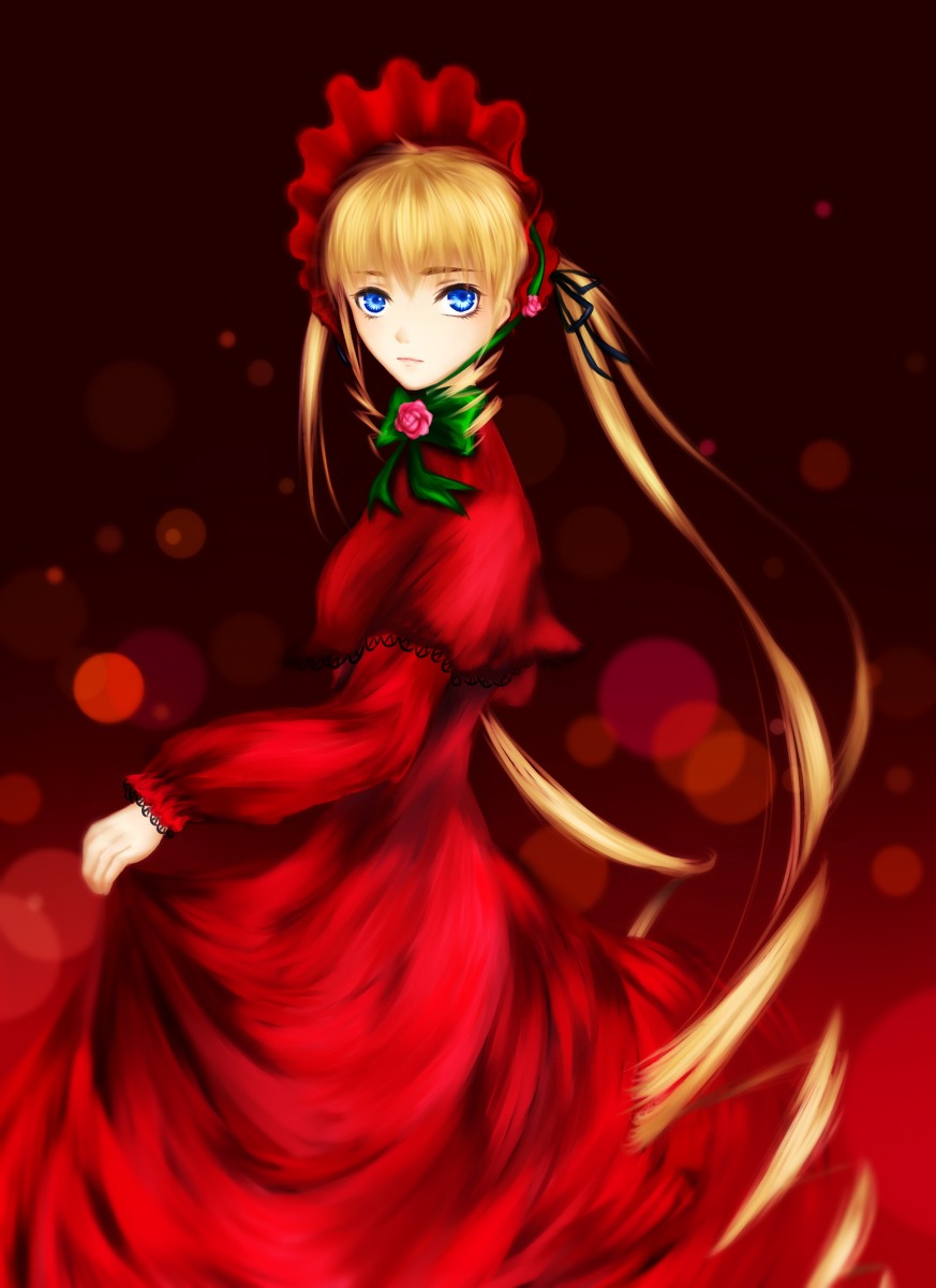 1girl blonde_hair blue_eyes bonnet bow capelet dress flower green_bow image long_hair long_sleeves looking_at_viewer red_dress shinku solo twintails very_long_hair