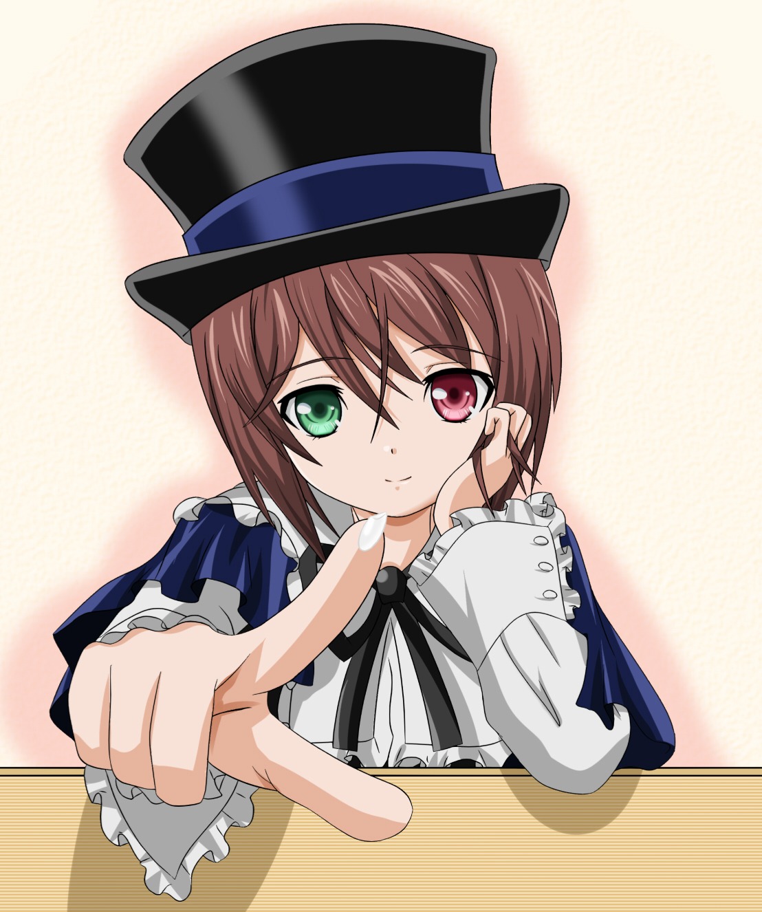 1girl brown_hair frills green_eyes hat heterochromia image long_sleeves looking_at_viewer pointing red_eyes ribbon short_hair smile solo souseiseki suiseiseki top_hat upper_body