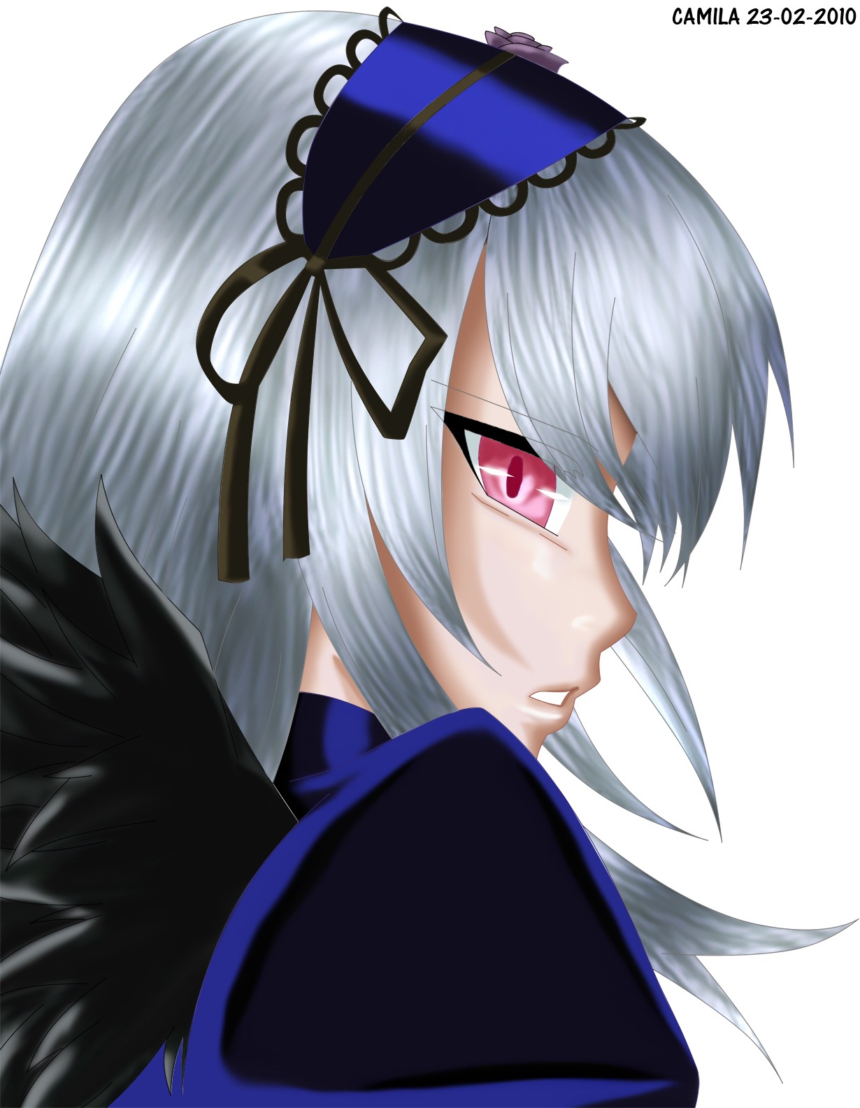 1girl bangs black_wings feathers hat image long_hair looking_at_viewer profile ribbon silver_hair simple_background solo suigintou white_background wings