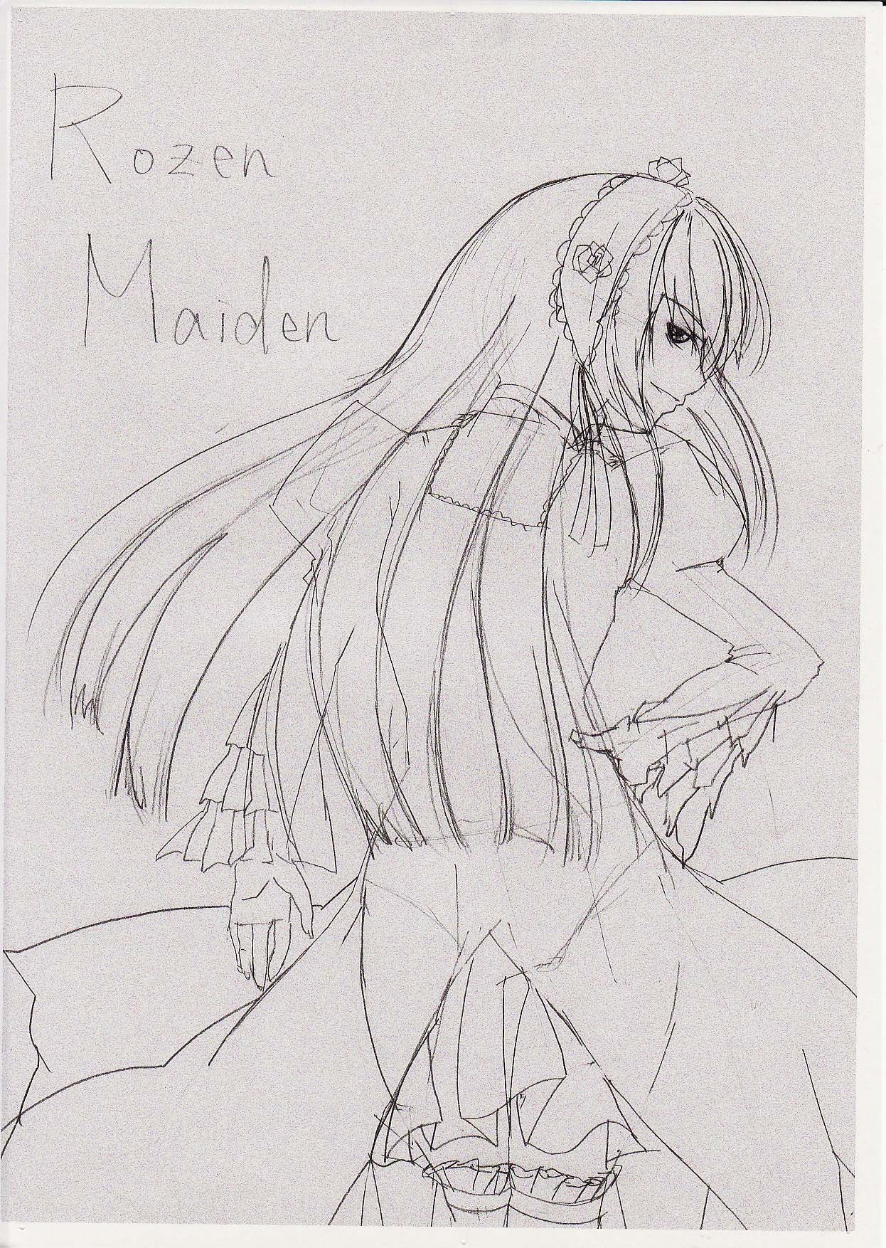 1girl dress greyscale hairband hand_on_hip image long_hair long_sleeves looking_at_viewer megurine_luka monochrome sketch solo suigintou very_long_hair