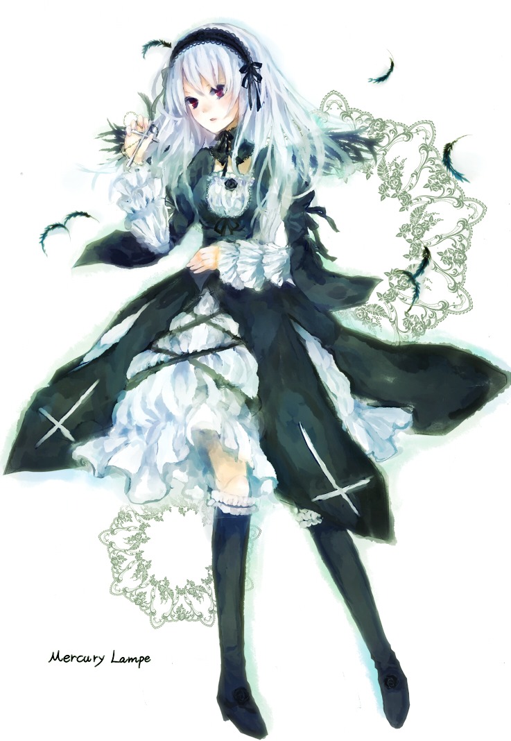 1girl bad_id bad_pixiv_id bird boots cross doll_joints dress feathers flower frills full_body hairband image jewelry joints knee_boots long_hair long_sleeves looking_at_viewer mikanniro necklace purple_eyes red_eyes ribbon rozen_maiden silver_hair solo standing suigintou white_background wings