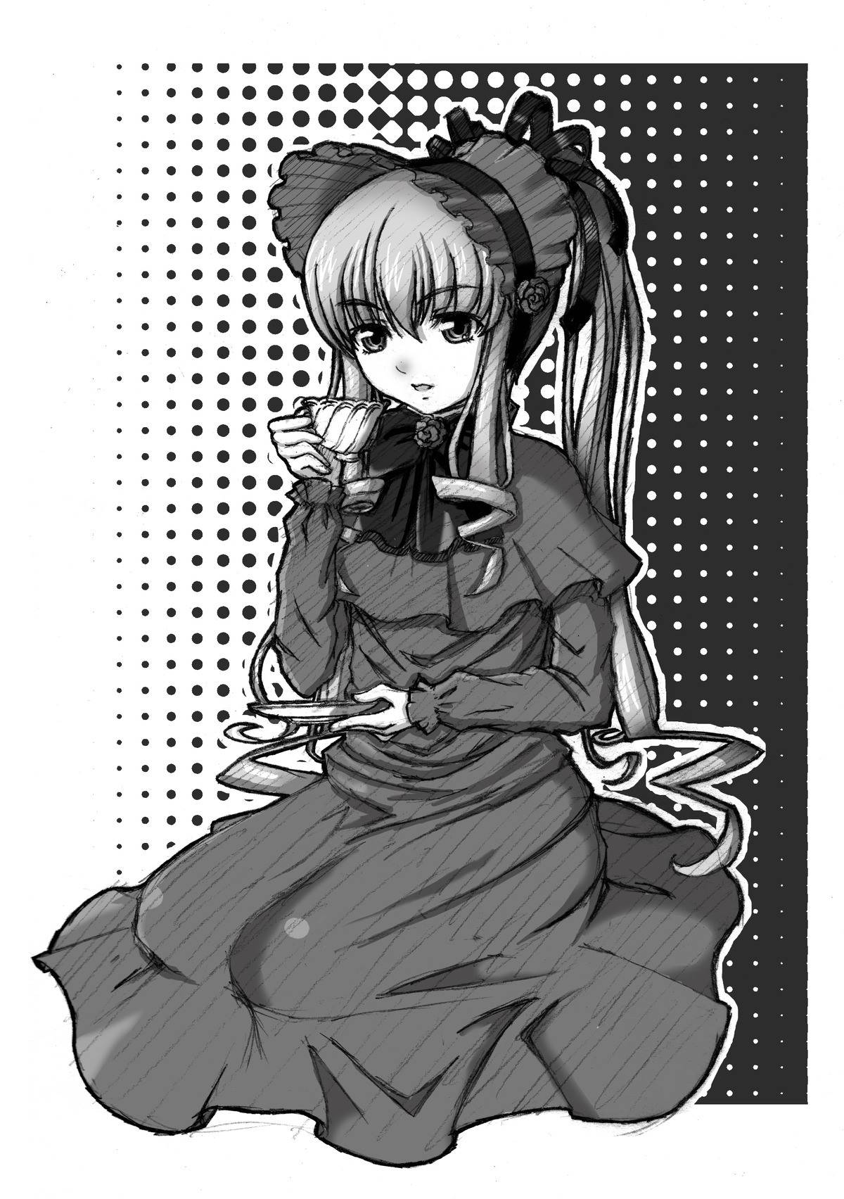 1girl blush bow cup dress greyscale halftone halftone_background image long_hair long_sleeves looking_at_viewer monochrome polka_dot polka_dot_background polka_dot_bow polka_dot_dress polka_dot_legwear shinku sitting solo teacup very_long_hair