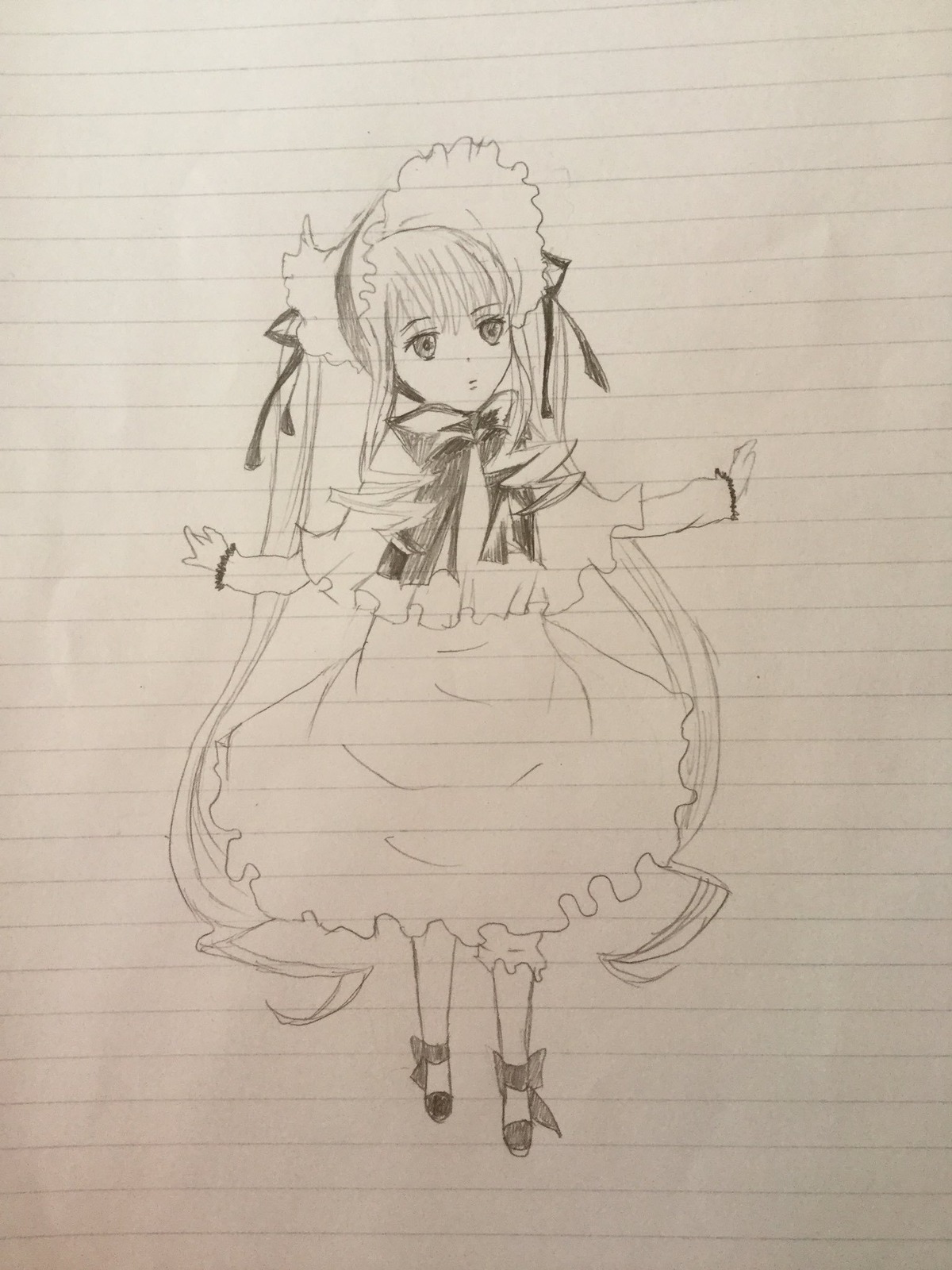 1girl dress frills full_body hat image long_hair long_sleeves looking_at_viewer monochrome ribbon shinku simple_background sketch solo standing