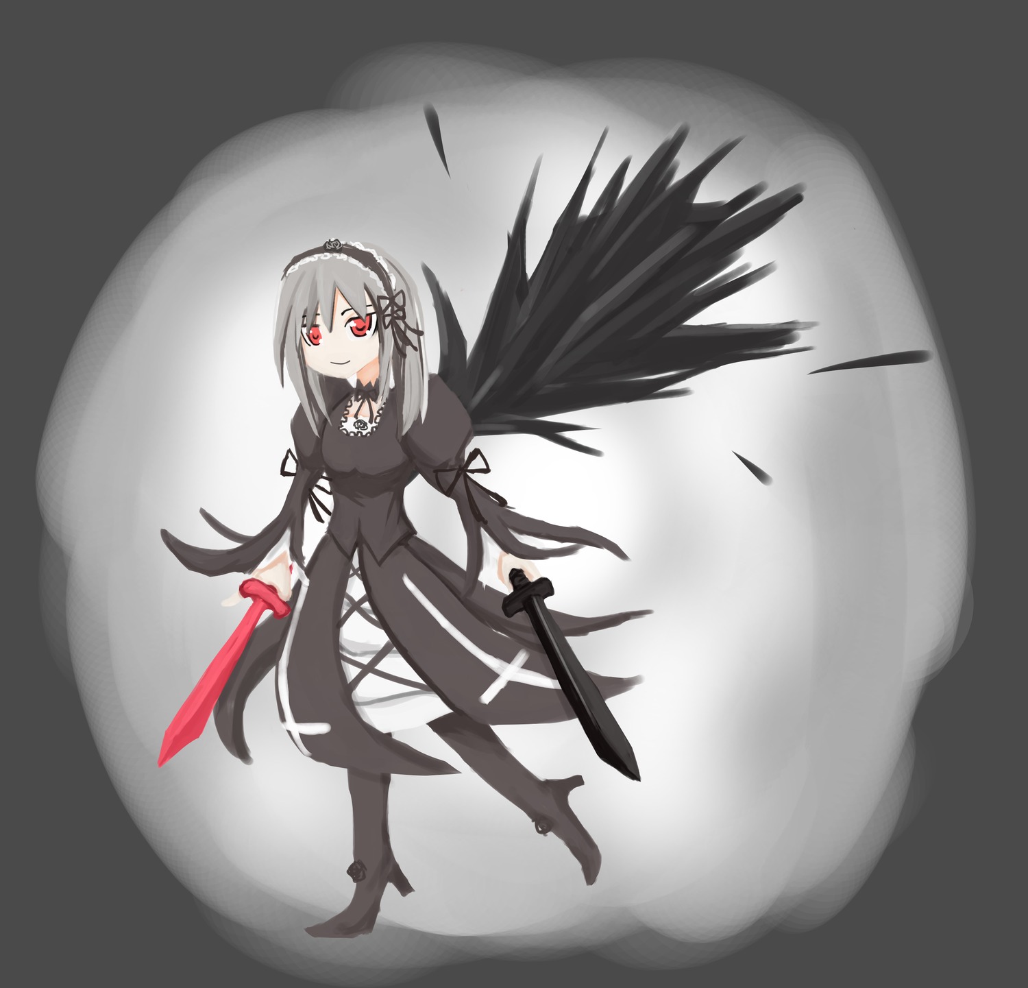 1girl black_dress black_wings boots dress flower full_body full_moon grey_background hairband high_heel_boots high_heels holding holding_weapon image long_hair long_sleeves looking_at_viewer moon puffy_sleeves red_eyes ribbon silver_hair solo suigintou weapon wings