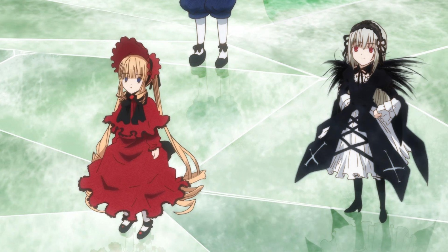 2girls black_dress black_footwear blonde_hair blue_eyes bow dress flower frills hairband image long_hair long_sleeves looking_at_viewer multiple_girls pair red_dress red_eyes rose shinku silver_hair standing suigintou twintails wings