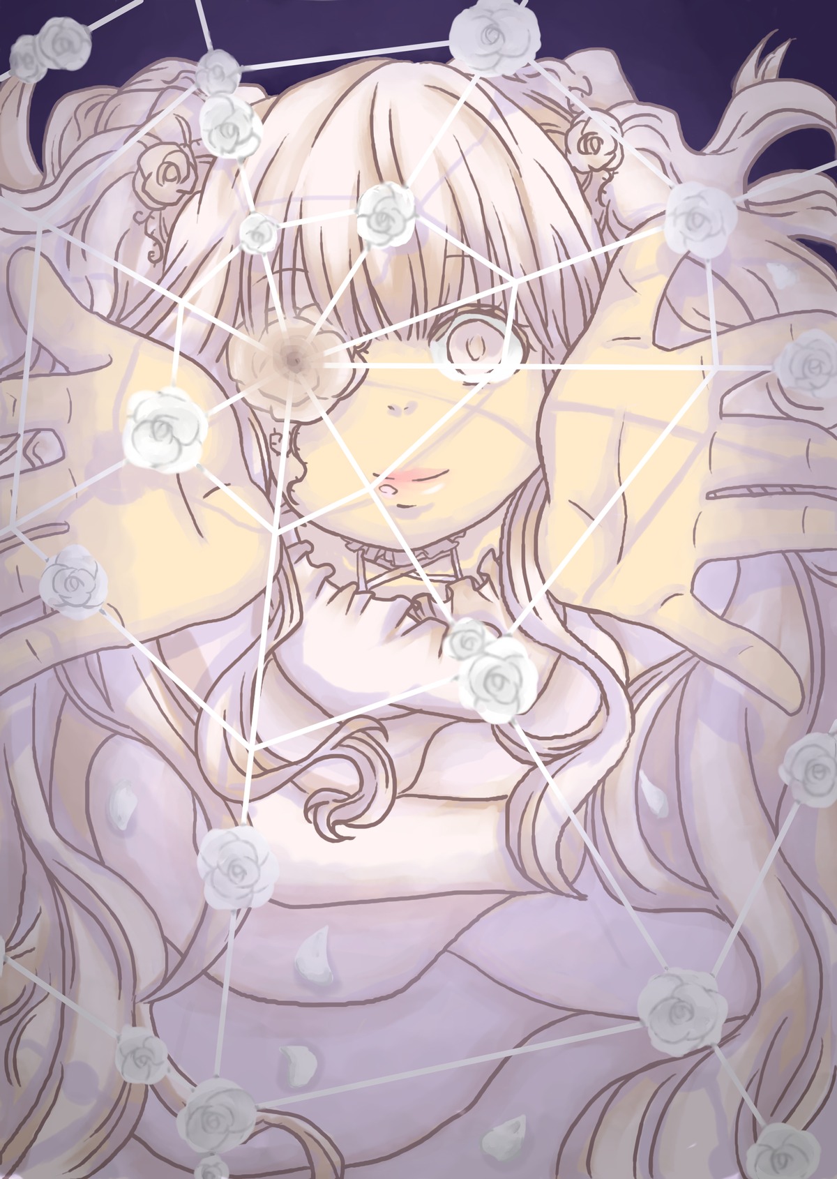 1girl choker eyepatch flower hair_flower hair_ornament hands image kirakishou long_hair looking_at_viewer pink_eyes rose smile solo white_flower white_rose